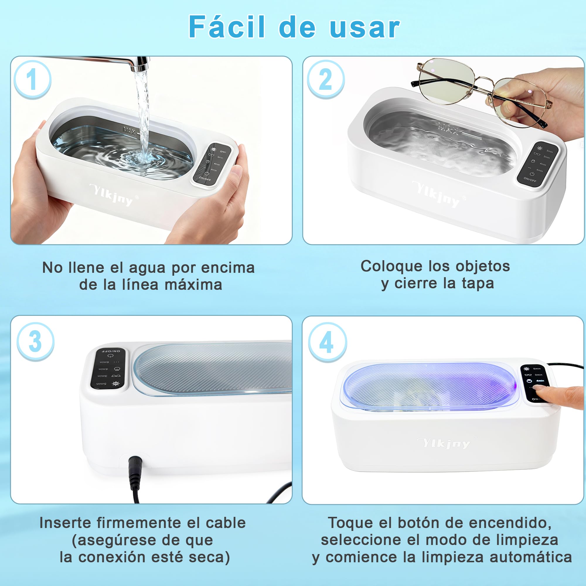 Limpiador ultrasonidos casero 55KHZ con 350 mL, limpiador gafas para joyas | Ultrasonic cleaner y tanque 304,limpia gafas y 4 modos,limpia sin rayar brochas,relojes,dentaduras,compacto para viajes
