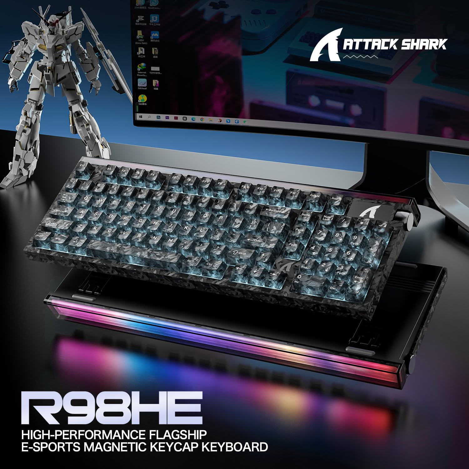 ATTACK SHARK R98 HE Clavier de jeu filaire à effet Hall 8000 Hz, déclenchement rapide de 0,005 mm, disposition à 98 %, actionnement réglable, commutateurs magnétiques remplaçables à chaud, pilote Web