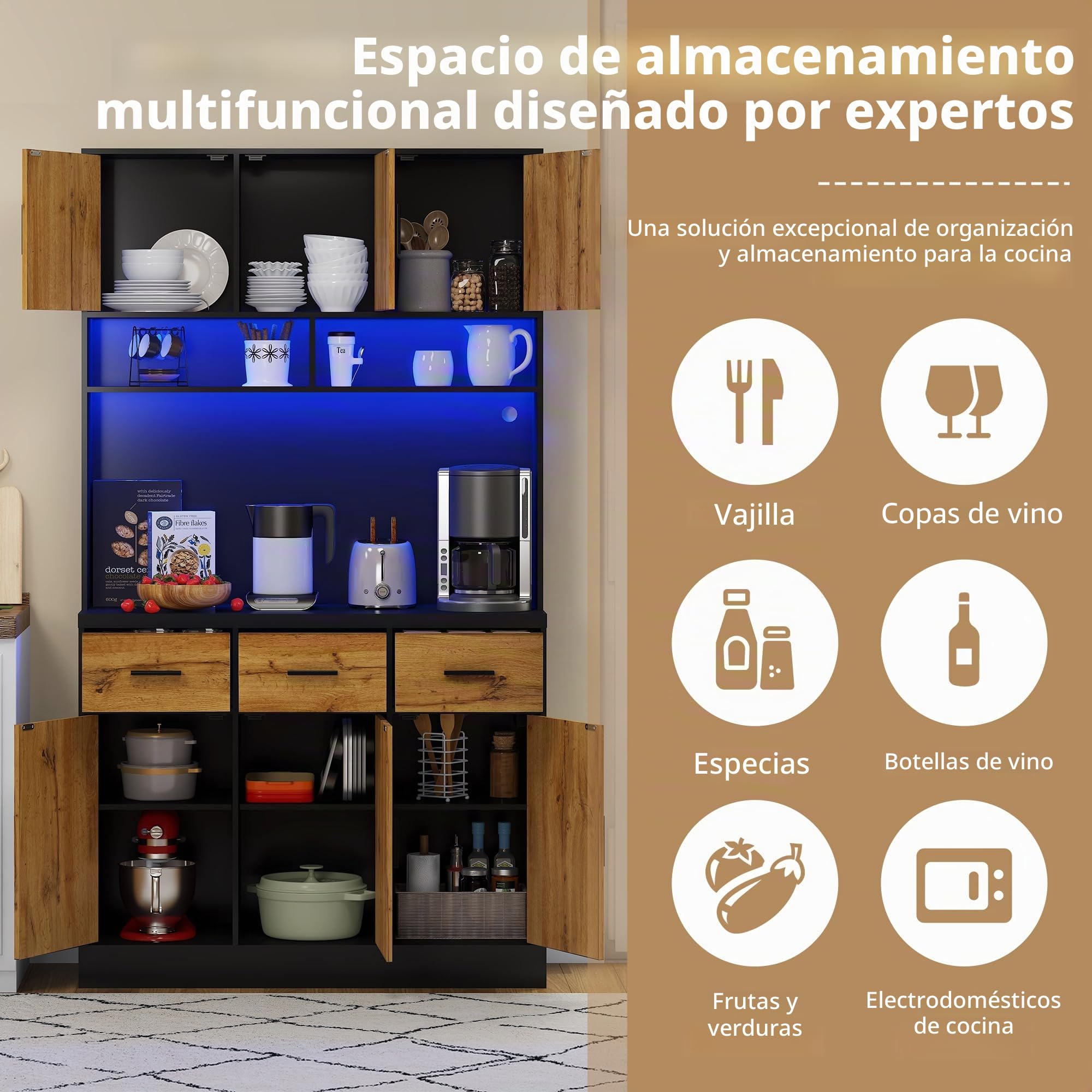 Armario buffet, 100 x 40 x 180 cm, buffet con iluminación LED con mando a distancia, cajones, estantes ajustables, agujeros para cables y enchufes, para cocinas y comedores (negro)
