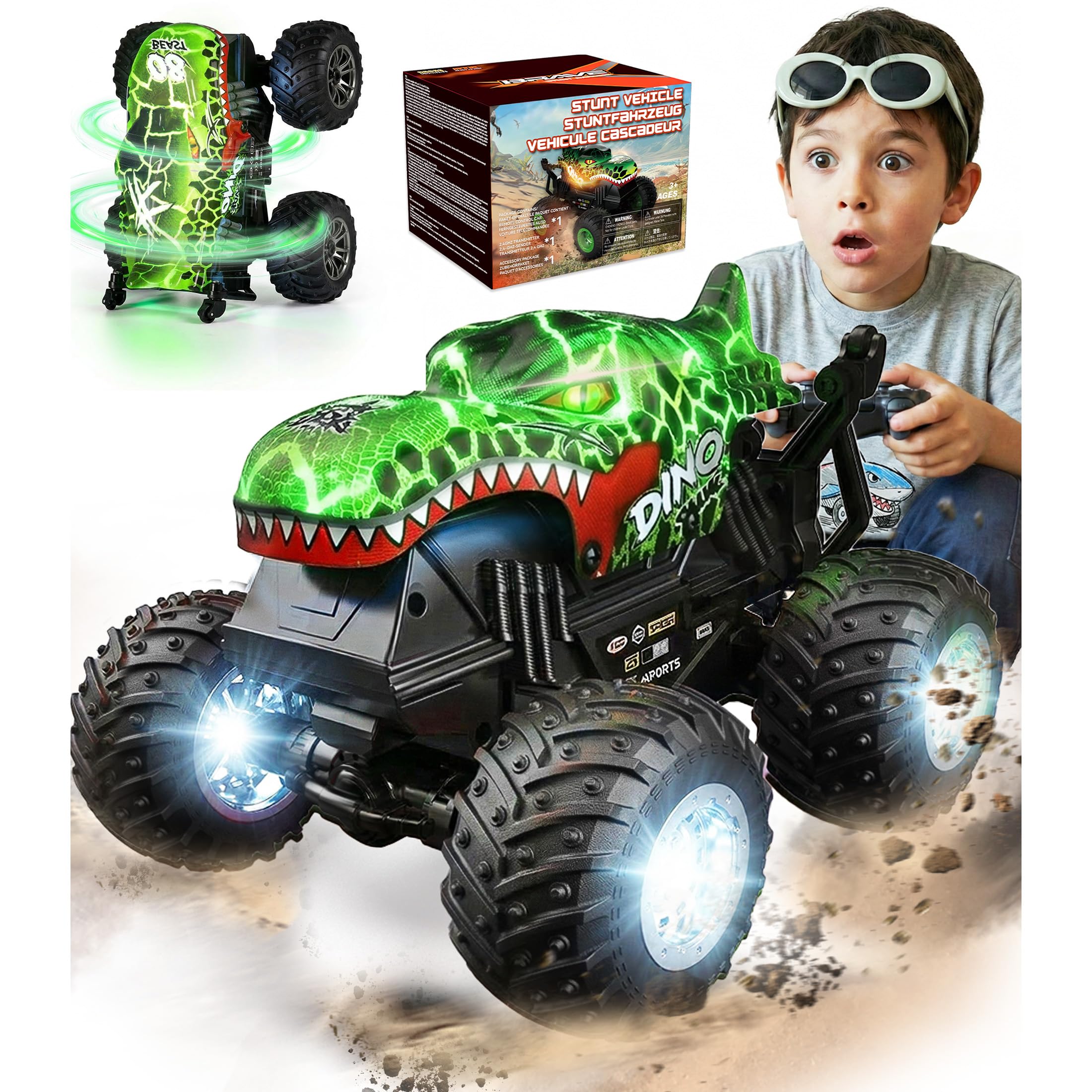 BEZGAR 1:20 Monster Truck Toys, 360°Stunt RC Cars with Music and Light | Green Dinosaur Toys with 2 Batteries and Wireless LED Strobe Lights, Remote Control Car with Glowing wheels for boys