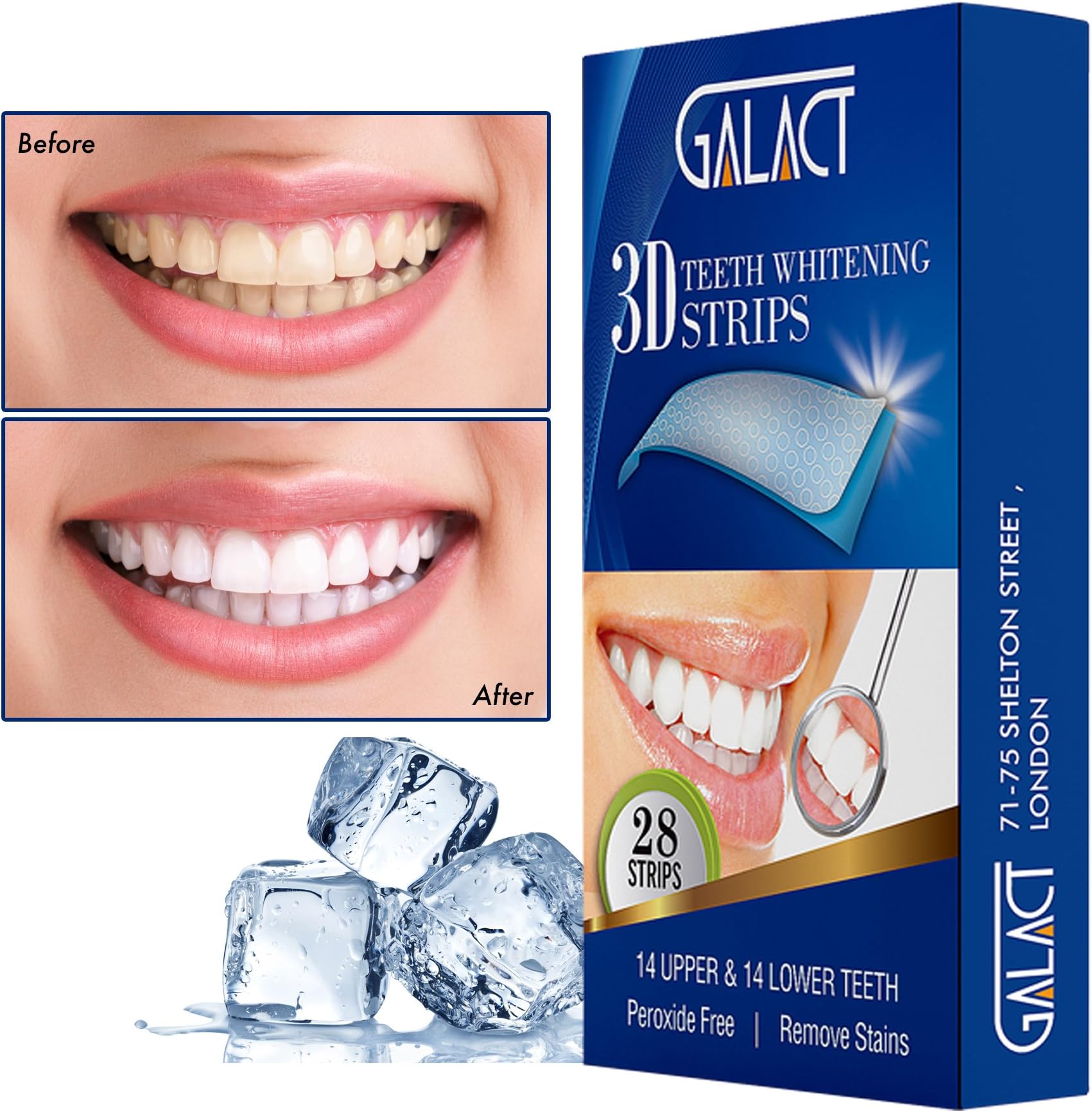 3D Teeth whitening Strips by Galact -28 Strips-Dental Enamel Safe Treatment for Crystal Smile Non-Peroxide - Remover of Teeth Stain - Mint Flavor - Formulated by UK Dentists
