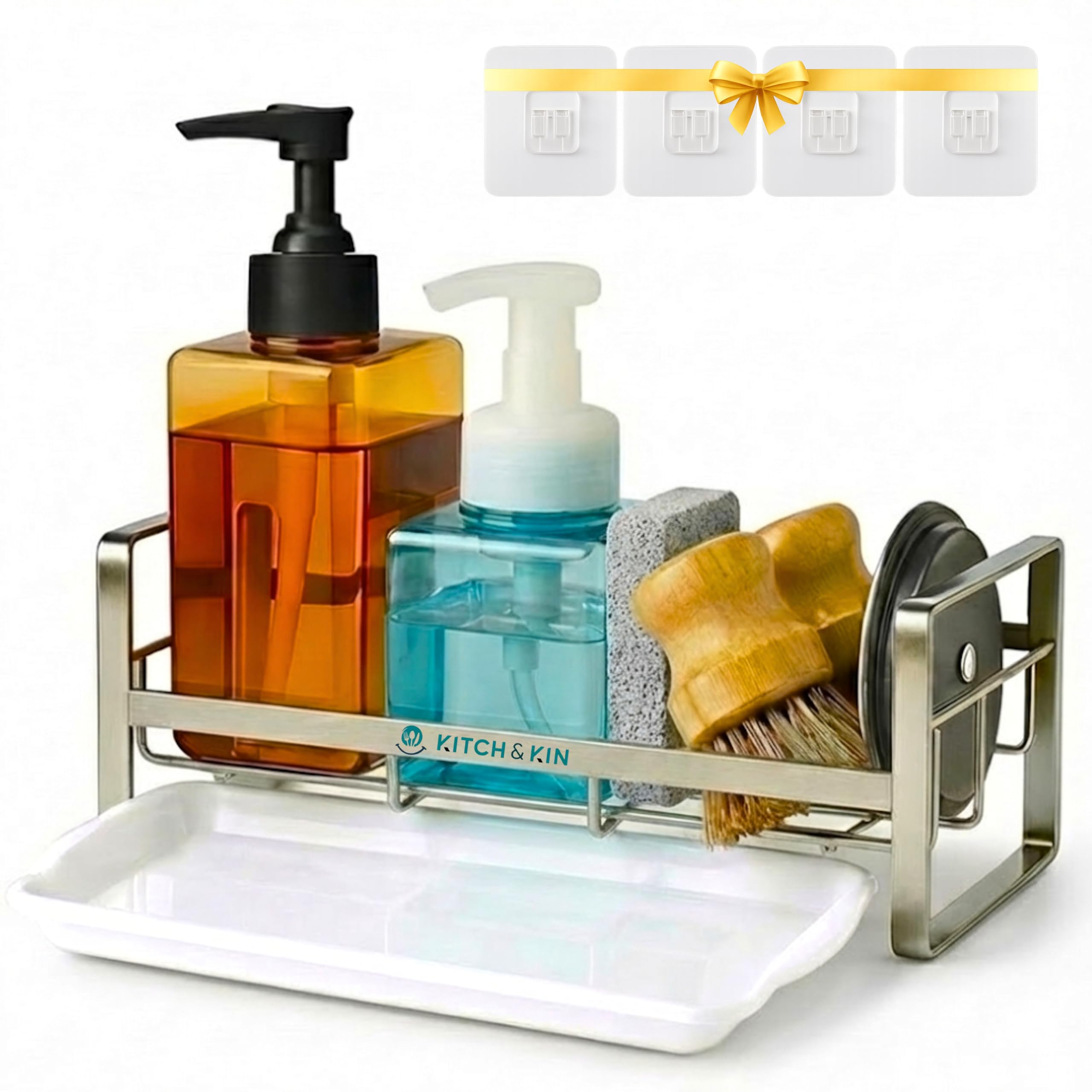 KITCH & KIN Stainless Steel Kitchen & Washroom Sink Organizer Rack with Drain Tray – Wall Mount Soap Stand, Sponge Holder & Adhesive Storage Organiser for Cleaning Essentials