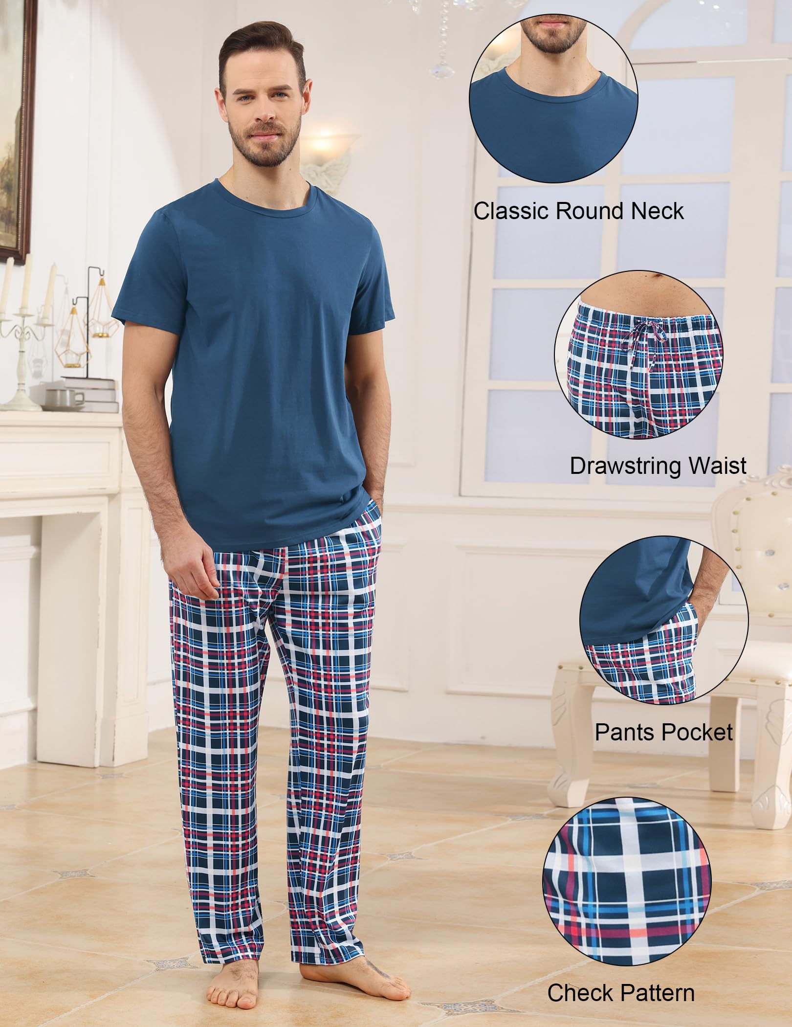 Pijama Hombre Largo Algodon Verano, Dos Piezas Ropa de Dormir, Conjunto Camiseta Manga Corta y Pantalones de Cuadros con Bolsillos, Ropa de Casa Suave Cómodo S-XXL