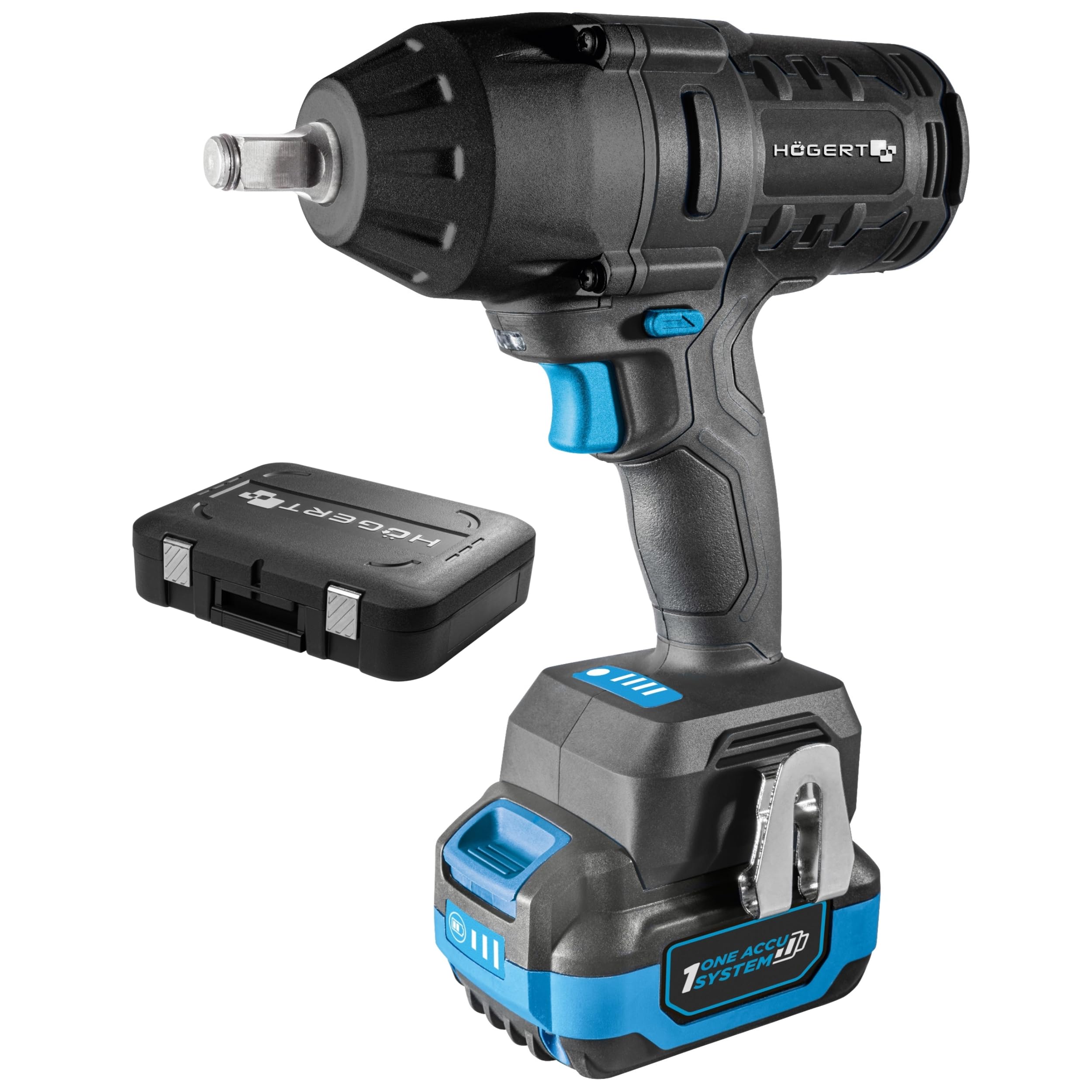 HÖGERT TECHNIK Llave de impacto inalámbrica 18V sin escobillas, 600 Nm, batería 4,0 Ah, cargador 4A, maletín, motor brushless, LED, para taller