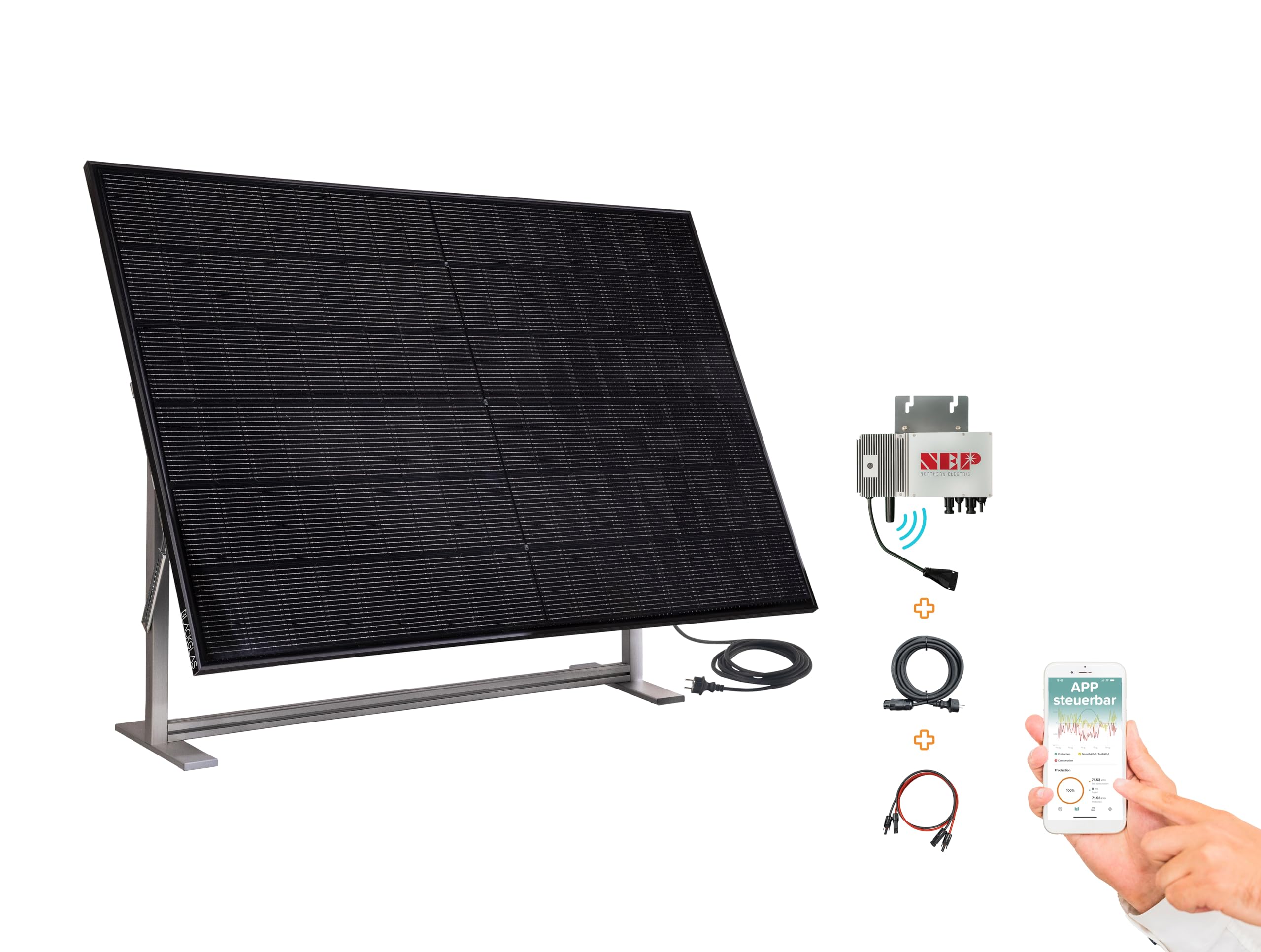 Balkonkraftwerk SolarScreen Sichtschutz VEOtablet-Q Modul 445Wp Full Black Solarmodul, Wechselrichter mit App, 5m Kabel, Verstellbarer Winkel, Plug & Play, Vormontiert, Made-in-Germany