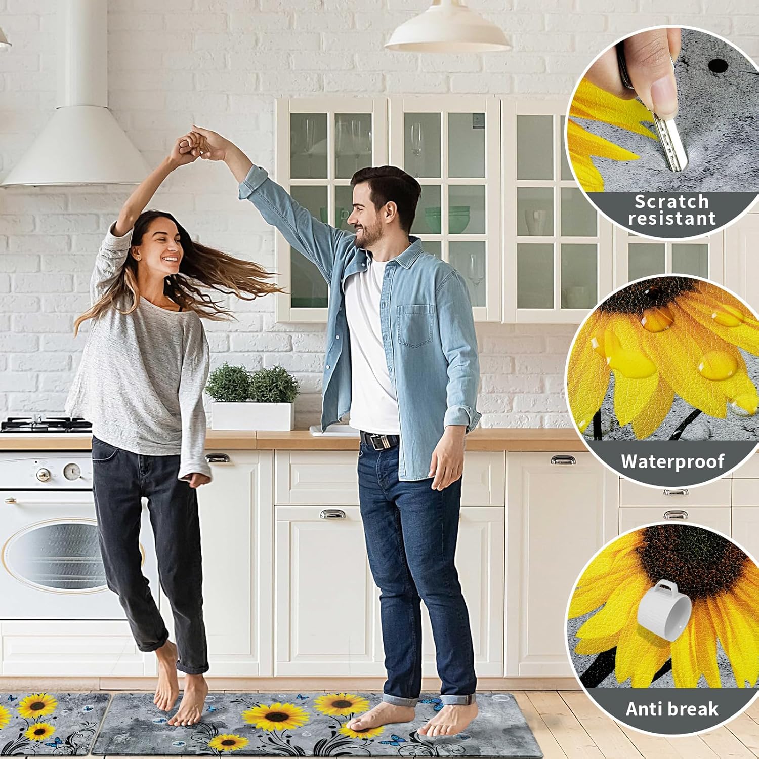 Likiyol Sunflower Kitchen Rugs Sets of 3 Kitchen Mats for Floor Anti Fatigue Mats for Kitchen Floor, Spring Floral Flower Non Slip Washable Standing Floor Mats, 18''x30''+18''x48''+18''x60''(Gray)