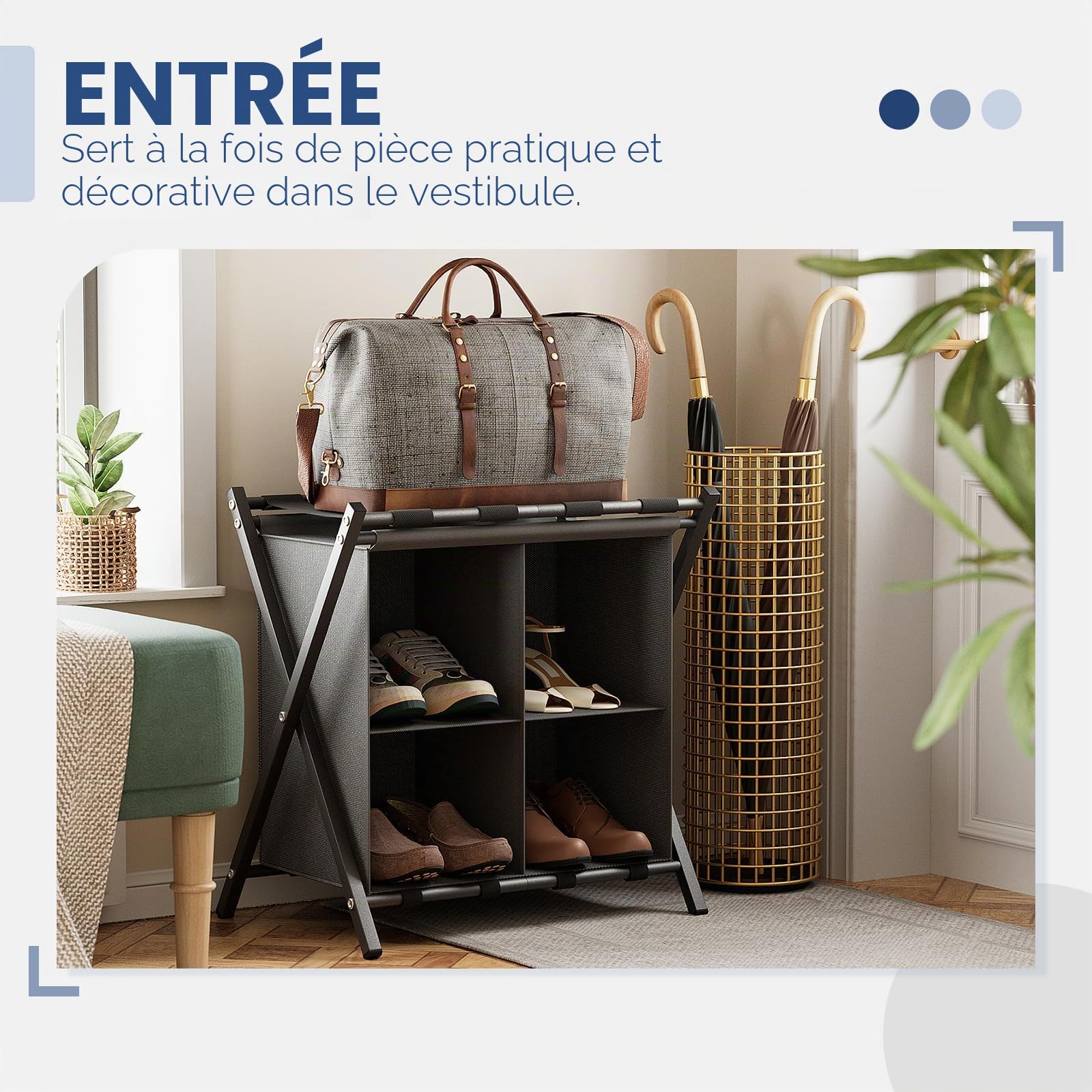Garden 4 you Support de valise pliable avec compartiments de rangement pour chambre à coucher, chambre d'amis, hôtel, pour bagages de voyage (noir)