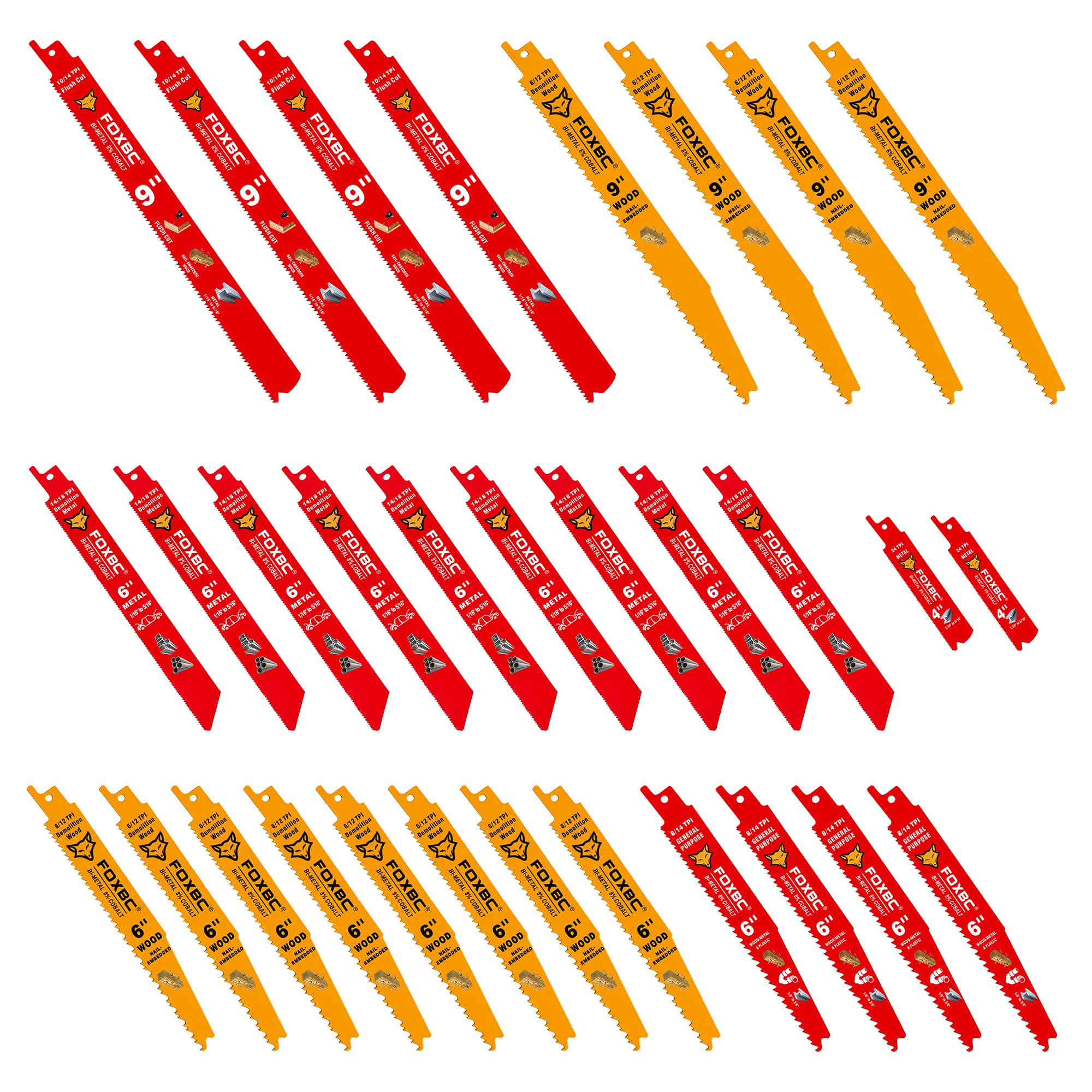 FOXBC Reciprocating Saw Blades Combination Set for Wood and Metal, Various Sizes, 30-Pack
