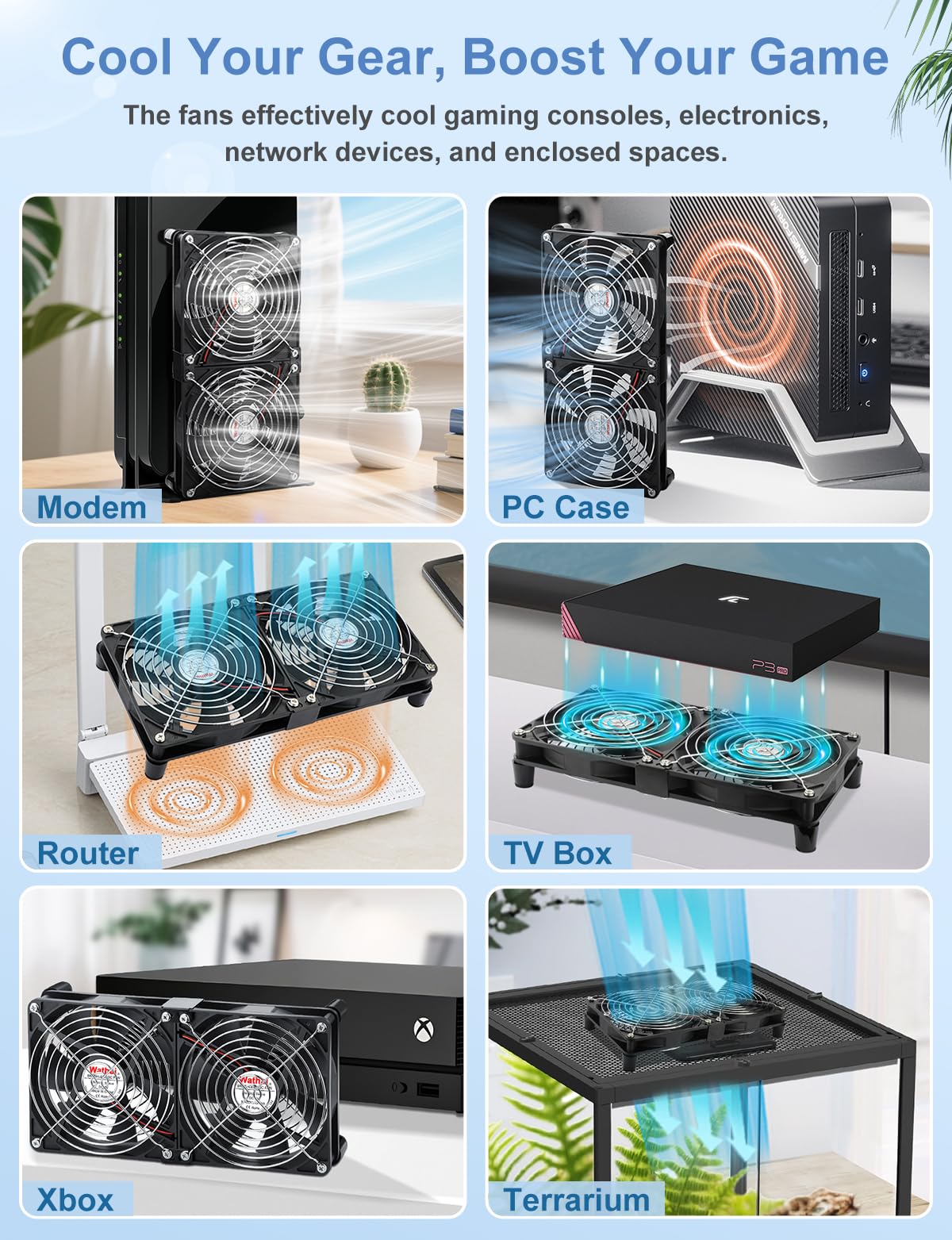 Wathai Lot de 2 ventilateurs USB 140 mm - Double ventilateur de boîtier PC 2 en 1 - 5 V - Avec 3 vitesses - Ventilateur USB silencieux pour ordinateur portable, PS4, routeur, TV Box, armoire AV, PC de