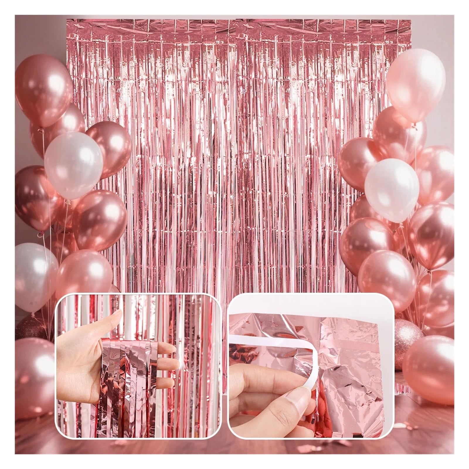 42 Uds serpentinas de oro rosa telón fondo decoración fiesta papel aluminio con flecos cortinas foto for cumpleaños Para Hogar(Gold)