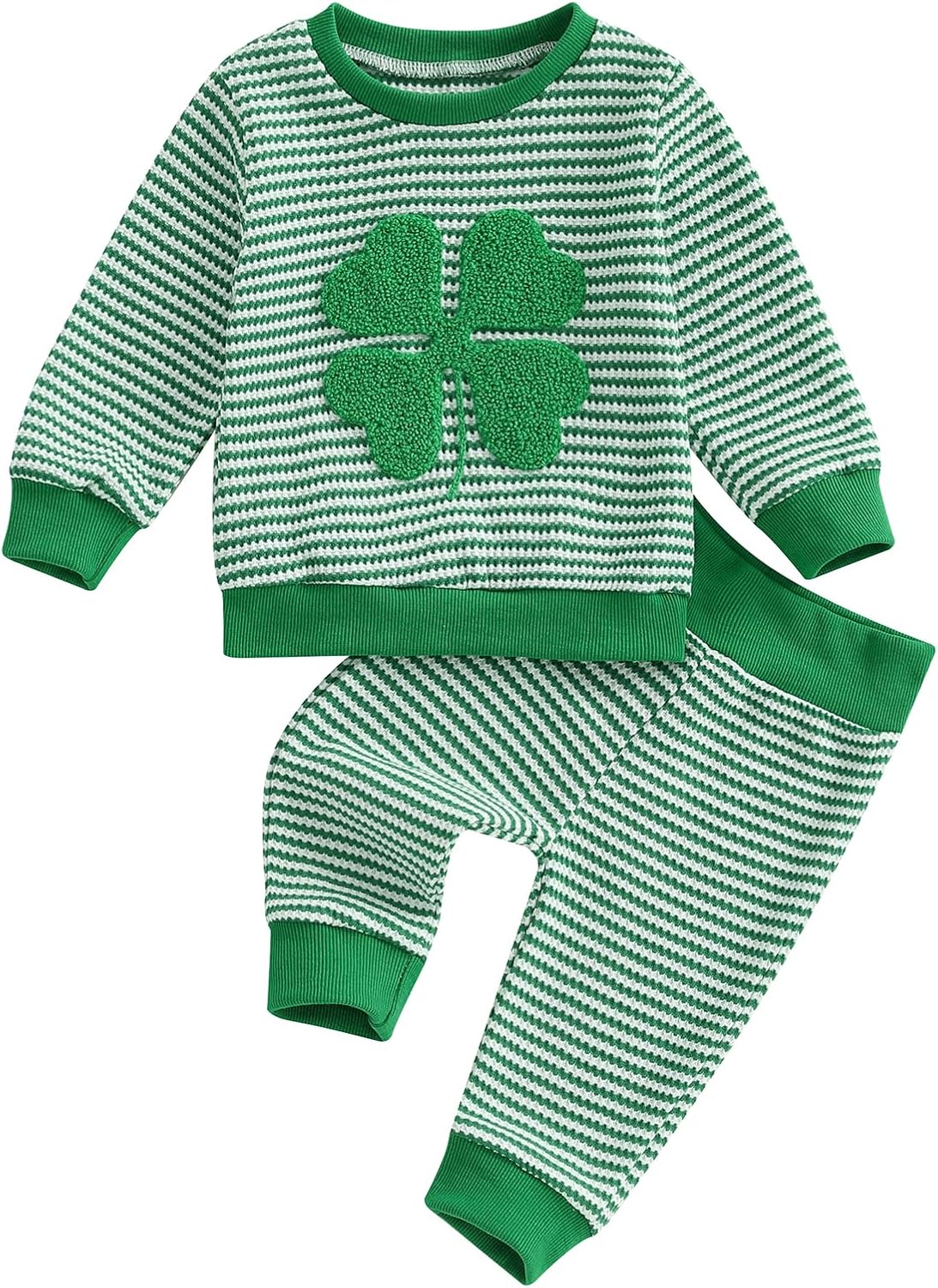 Karuedoo Infant Toddler Baby Boy Girl St Patricks Day Outfit Clover Embroidery Stripe Long Sleeve Sweatshirt and Pants Set