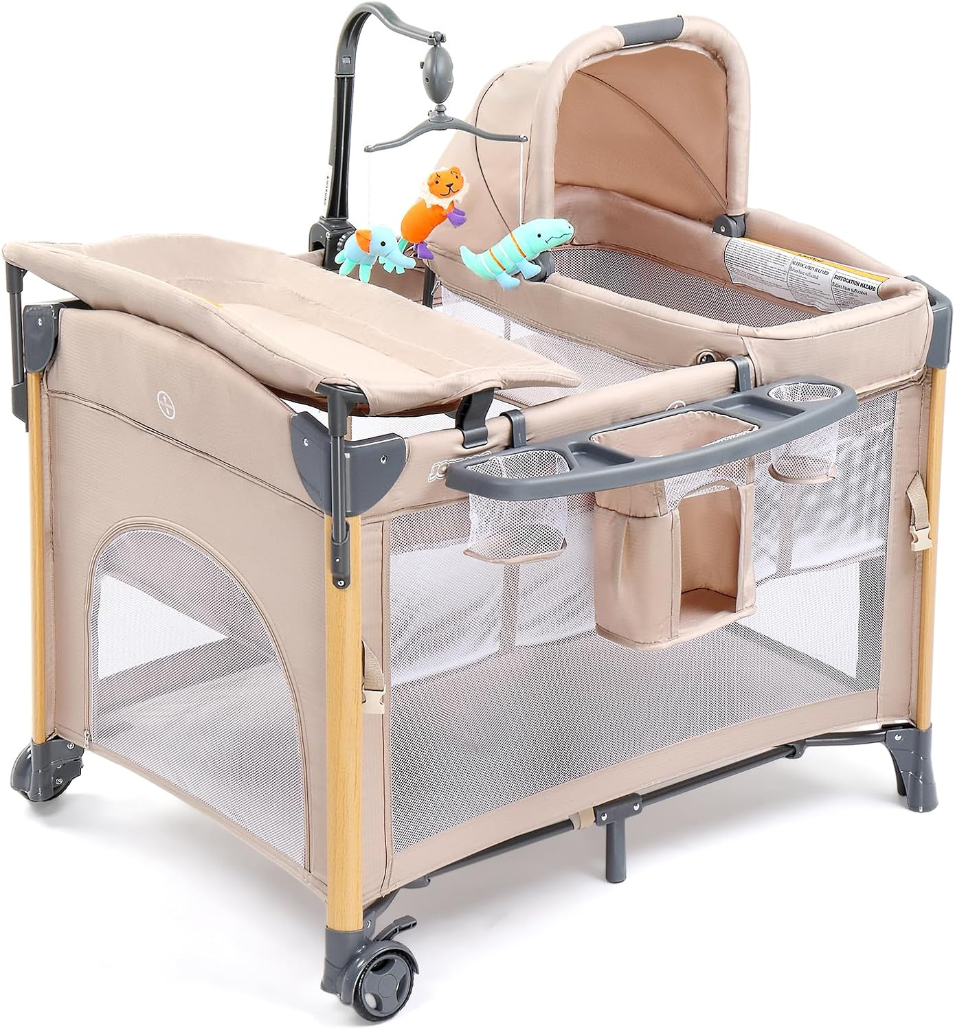 JOYMOR 7 in 1 Bedside Bassinet with Changing Table, All in One Nursery Center, Bedside Sleeper with Mattress, Sheet, Canopy, Storage Shelf (Beige)
