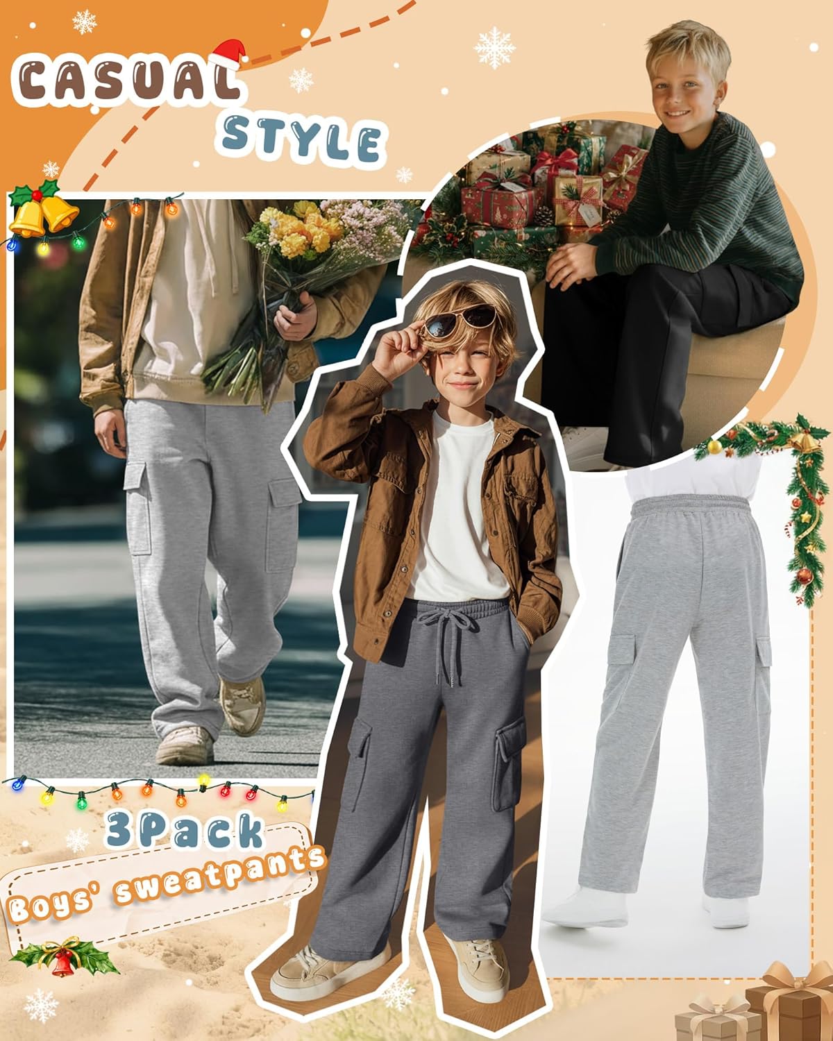 3 Pack Boys' Cargo Sweatpants Drawstring Elastic Waist Joggers Kids Youth Athletic Hiking Pants with 4 Pockets - Image 4