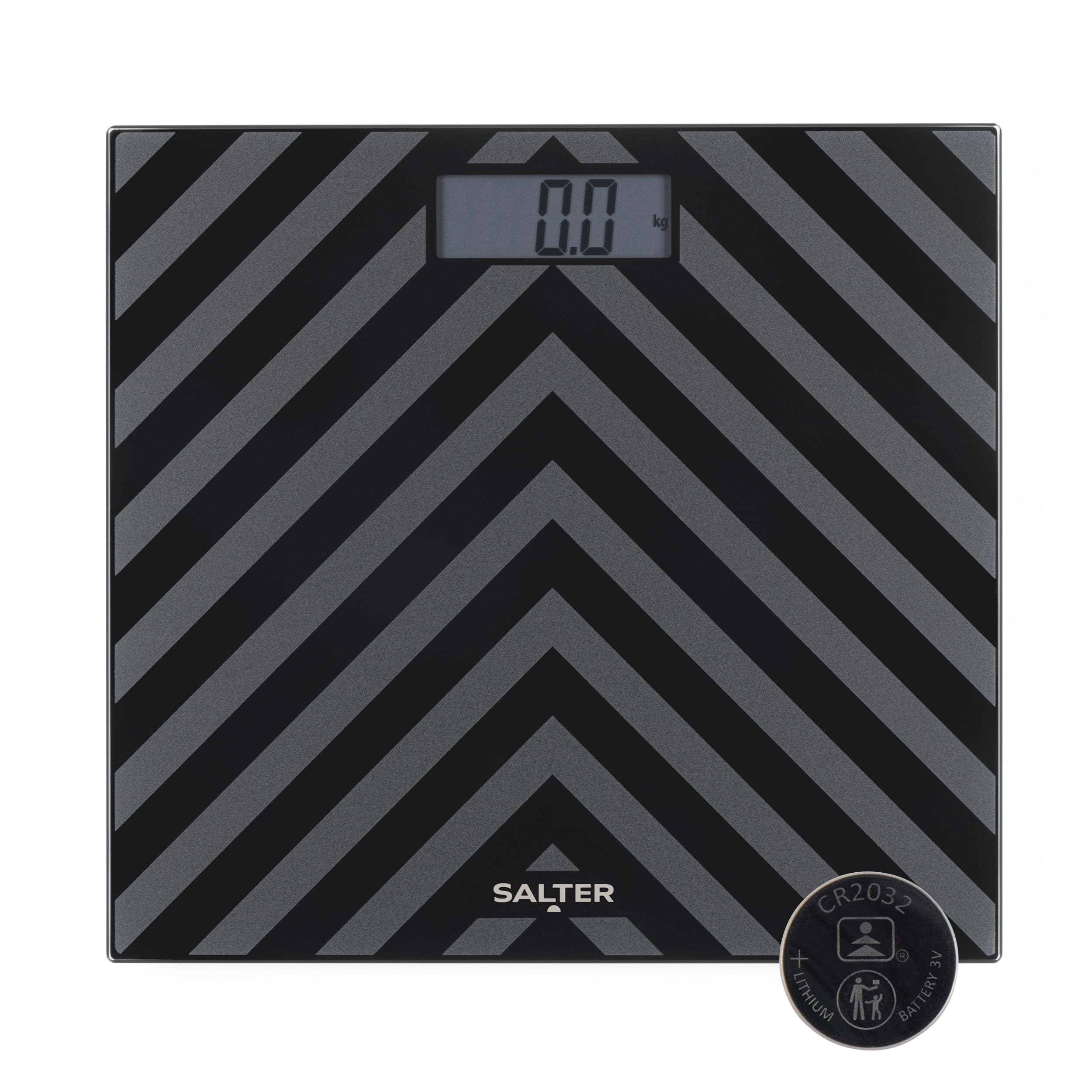 Digital Bathroom Scale - Electronic Digital Bodyweight Scale, Black Chevron Glass Platform, 180kg/28st 8lb, LCD Large Display, Step On Instant Accurate Readings, Slim Storage, Includes Battery
