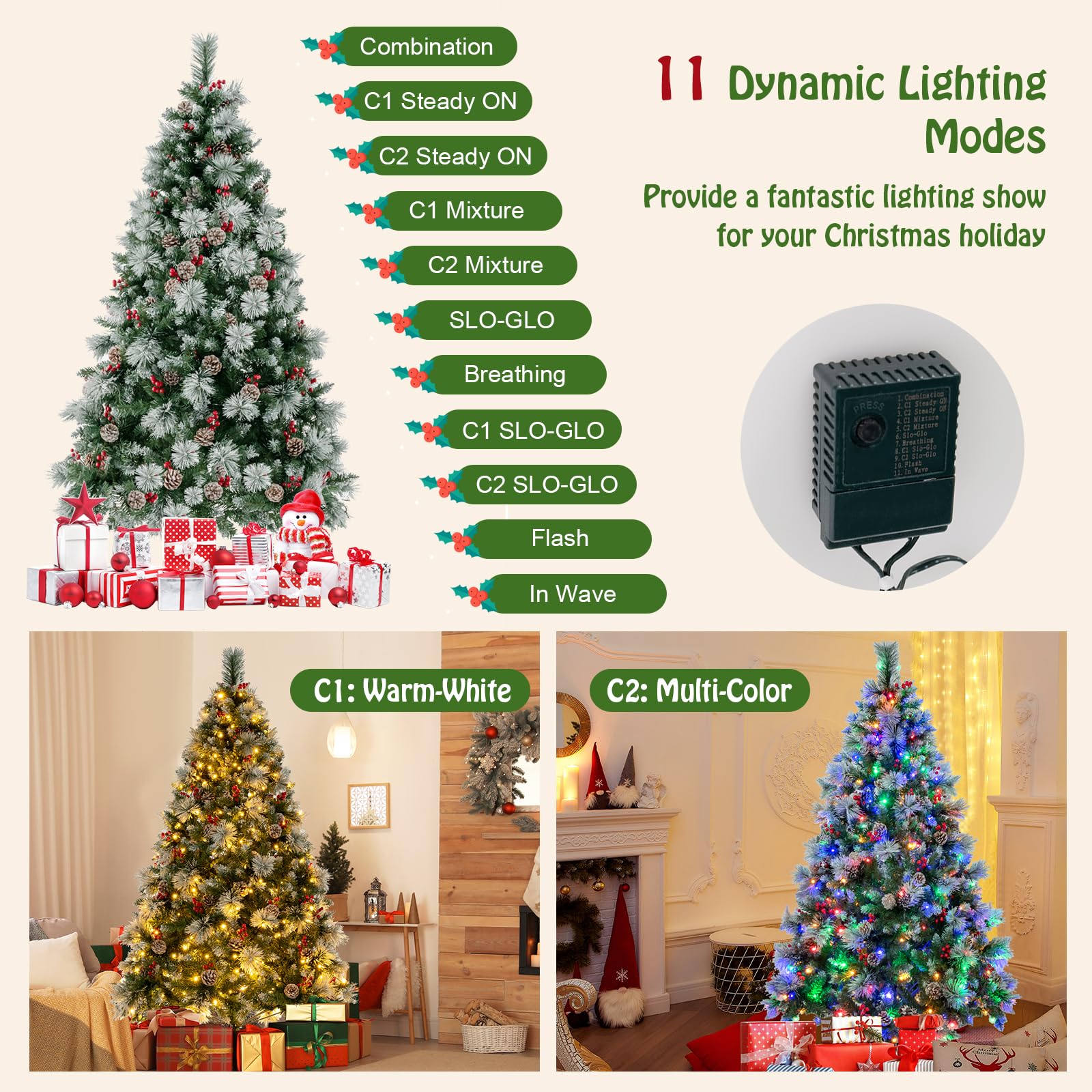 GYMAX Albero di Natale Automatico 210 cm, Illuminato a 500 LED Incorporate, Luci in 2 Colori, Ragolabile a 11 Modalità, 1570 Rami Folti in PVC, Base Pieghevole in Ferro, Montaggio Facile
