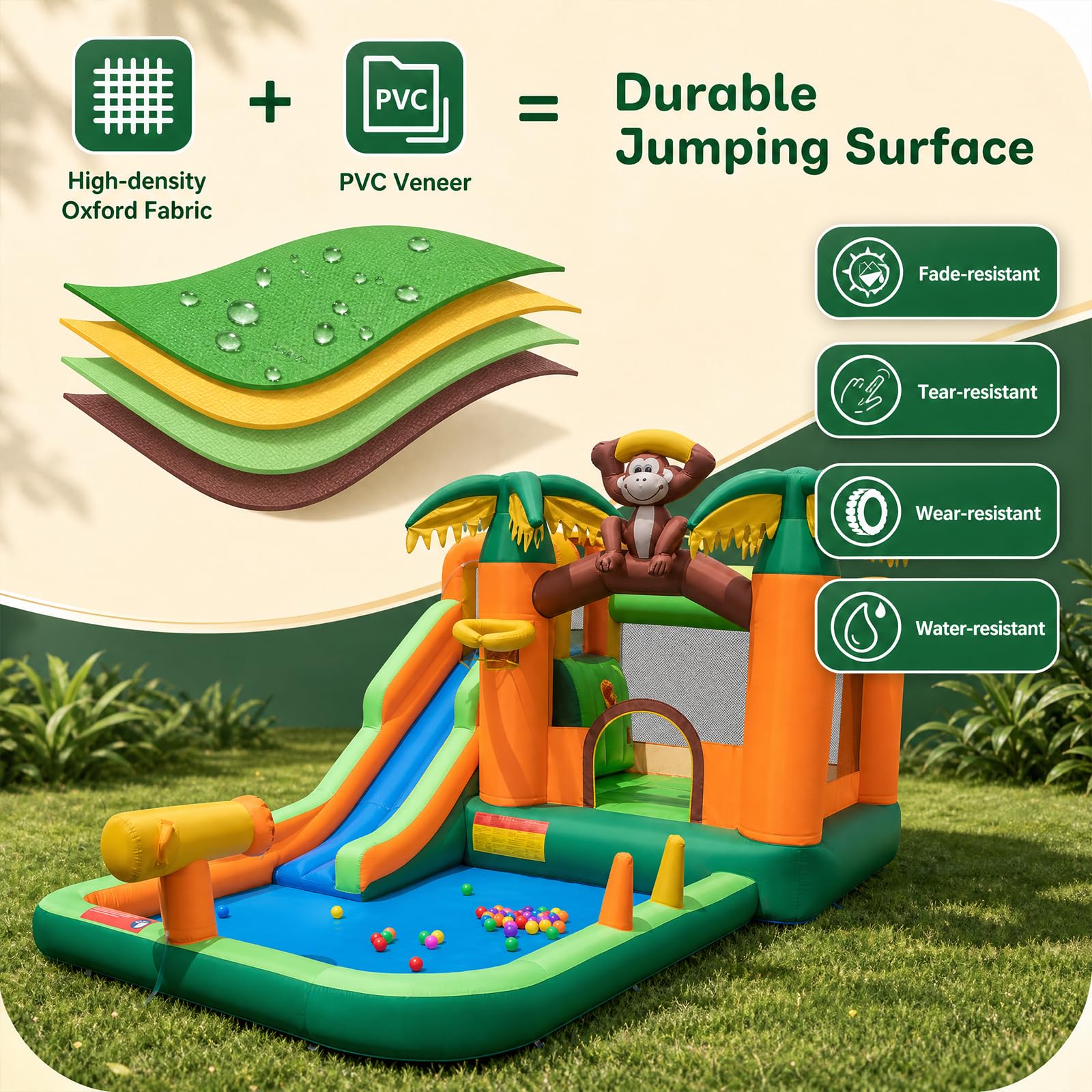 GOPLUS 7 en 1 Castillo Hinchable Mono Parque Infantil Inflable con Tobogán, para 1-3 Niños de 90 kg, 50 Bolas Oceánicas Mono, con Soplador de 680 W