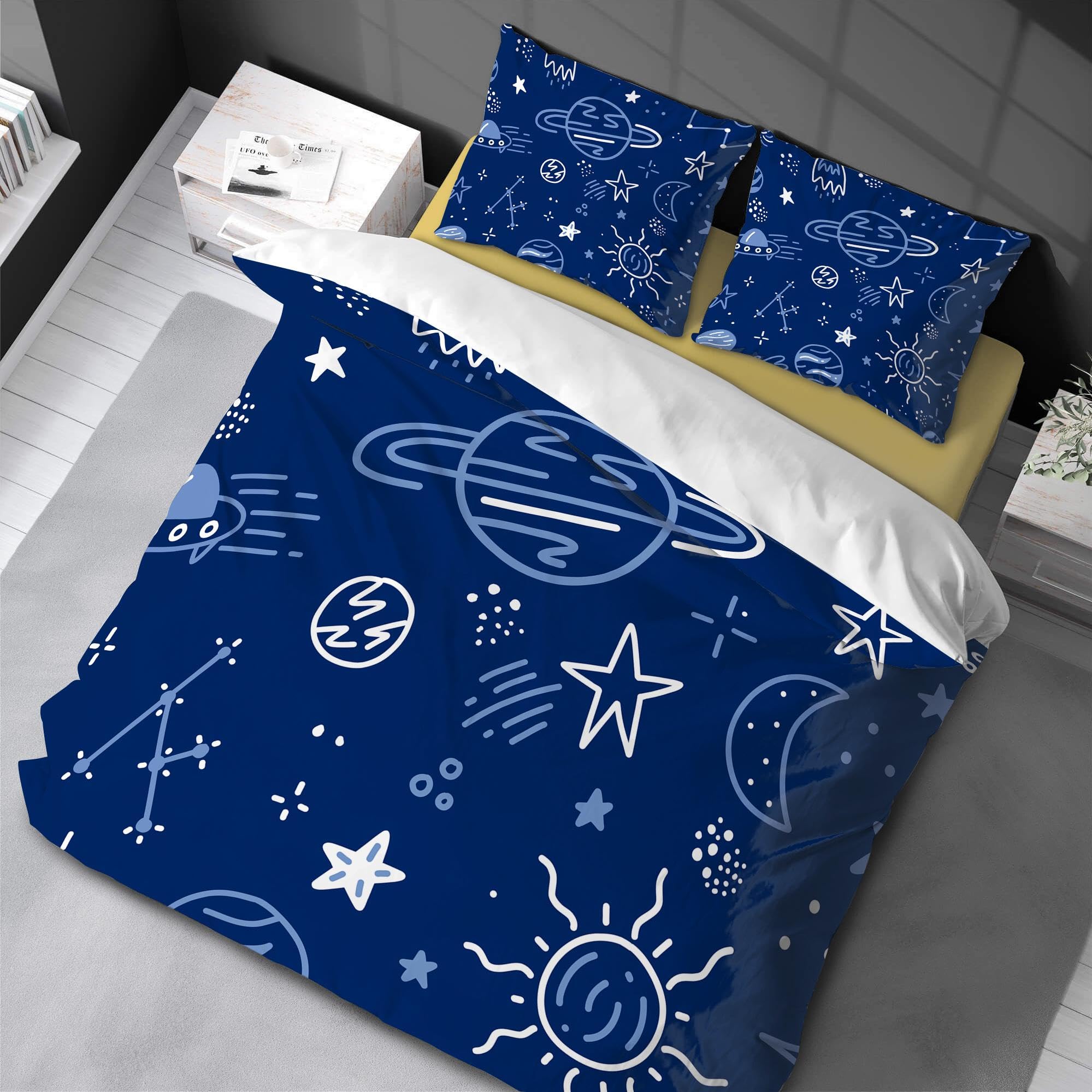 Juego de cama de luna y estrella, juego de cama azul de 3 piezas, lindo edredón de galaxia espacial para niños, niñas, ropa de cama decorativa de 3 piezas, 200x200cm -50x75cm*2