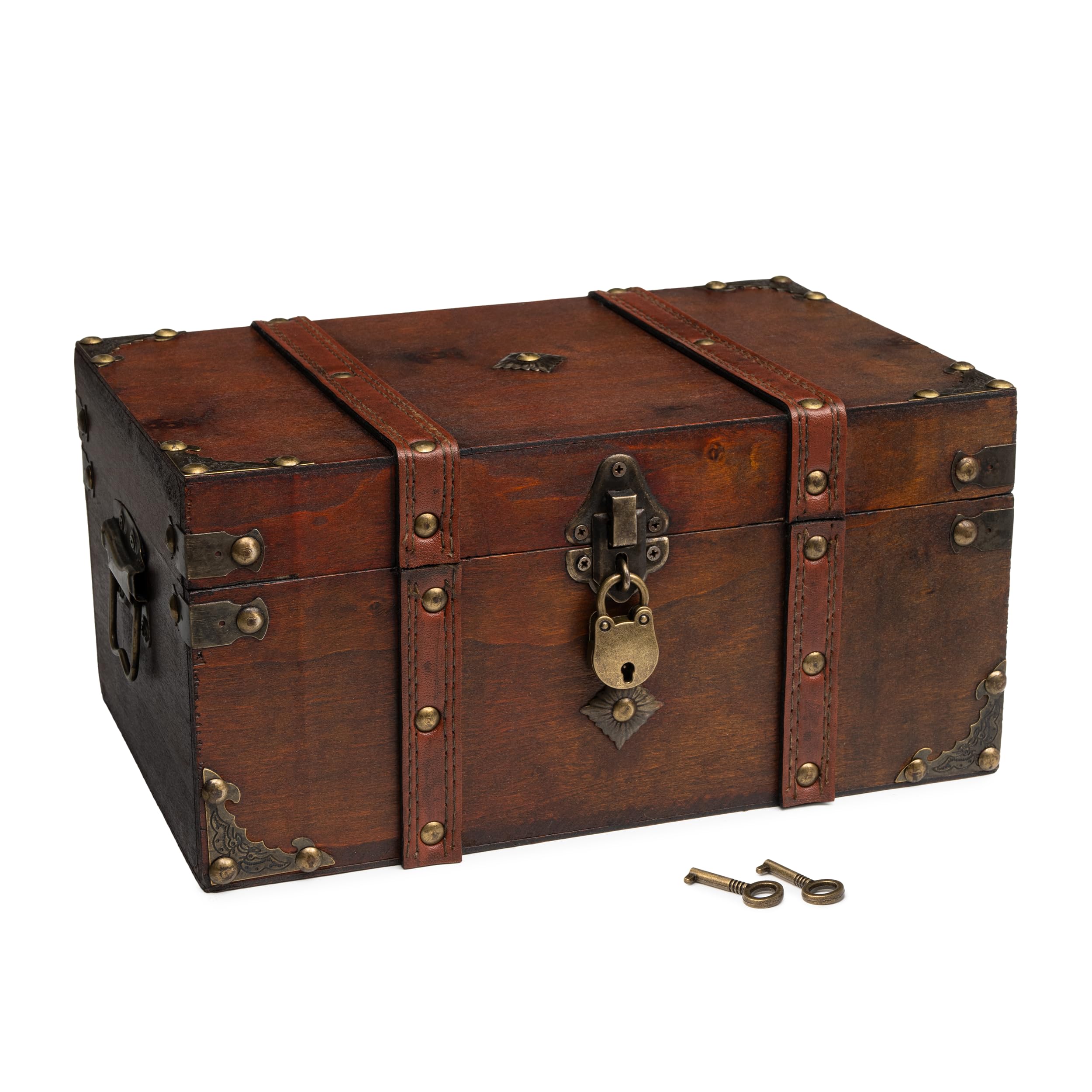 Happenings Antique Treasure Chest Box with Tray – Lockable Vintage Decorative Chest for Storage, Keepsakes, Jewelry – Pirates Wooden Chest Decor (11x7.1x5.5)