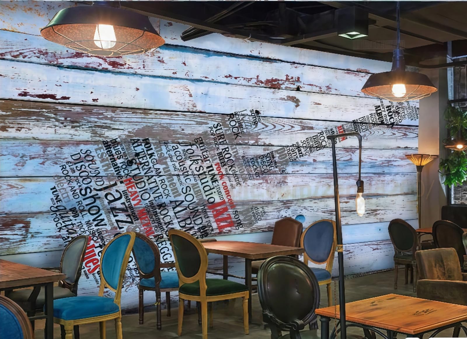 rskjdghshd Wallpaper Retro Blue Wooden Board Music Guitar English Alphabet Theme Bar Western Restaurant Background Wall Mural Afternoon Tea Coffee Shop Wallpaper,3D,200x140cm