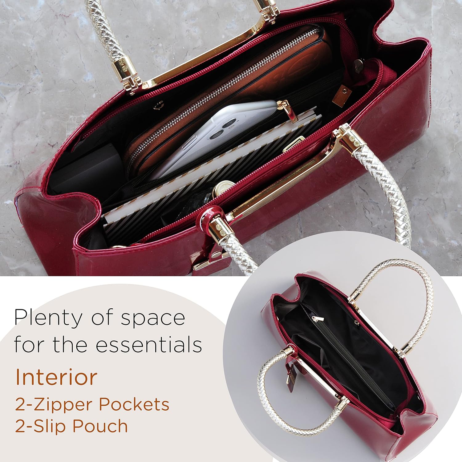 HOXIS Glossy Faux Patent Leather Structured Shoulder Handbag Women Evening Party Satchel - Image 4