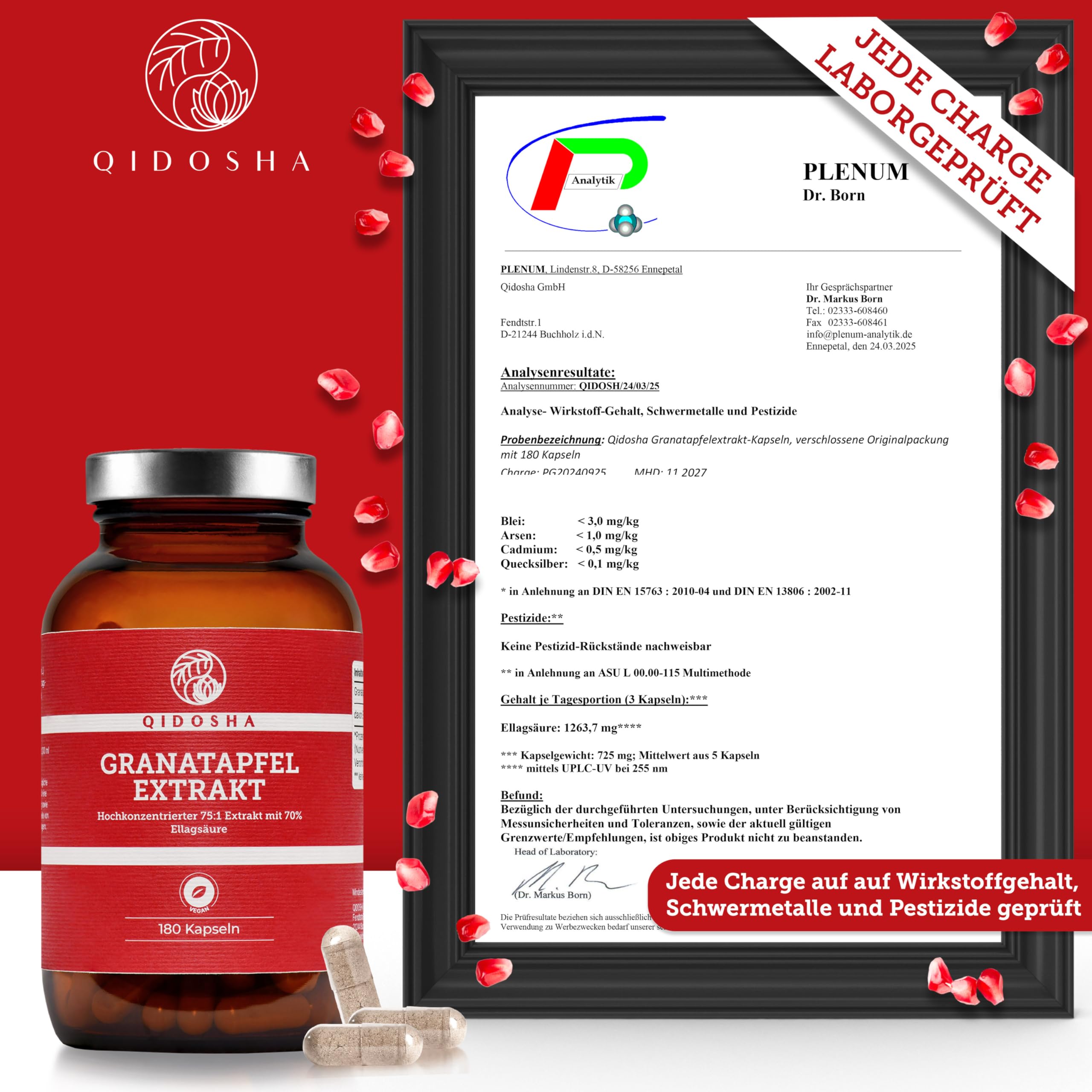 QIDOSHA® Granatapfel Extrakt Kapseln hochdosiert, 70% Ellagsäure, 180 Stk/Glas, 75:1 Premium-Extrakt mit 1800mg Granatapfel Extrakt je Tagesportion, vegan, deutsche Fertigung