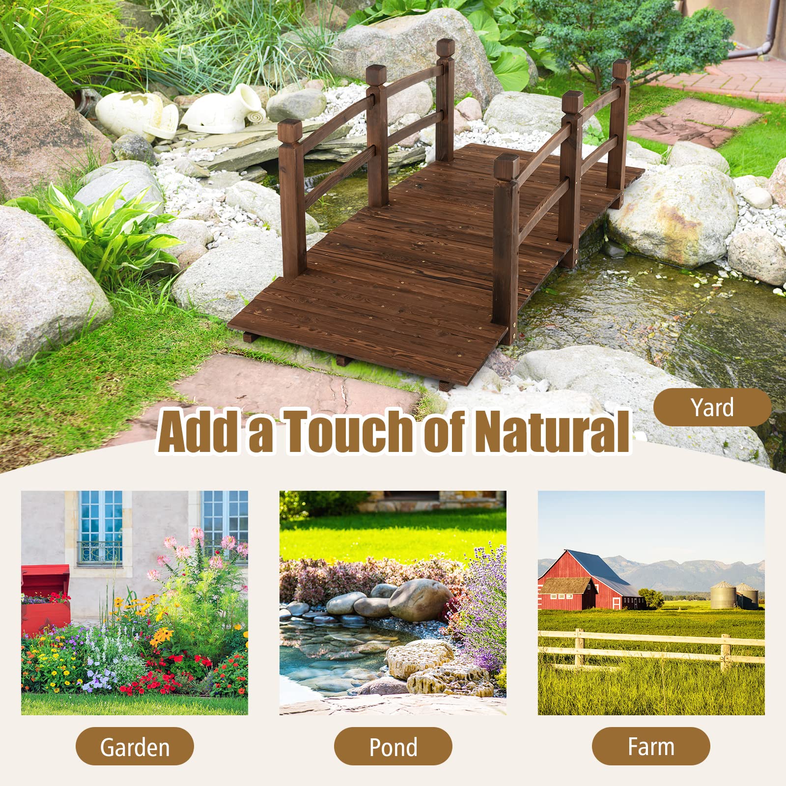 GOPLUS houten brug, tuinbrug van sparrenhout met leuning, vijverbrug GOPLUS houten brug, tuinbrug van sparrenhout met leuning, vijverbrug