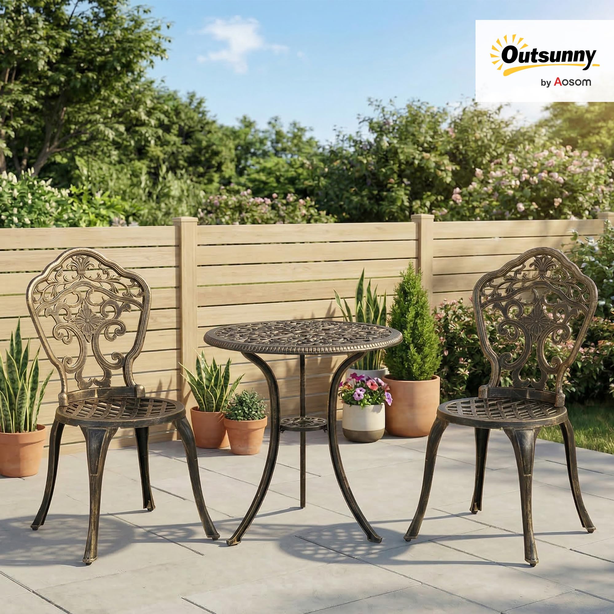 Outsunny Set Bistrò da Giardino 3 Pezzi con Foro per Ombrellone Bronzo | 2 Sedie da Giardino e Tavolino Rotondo, Set Tavolo e Sedie in Alluminio, per Patio Cortile Esterno