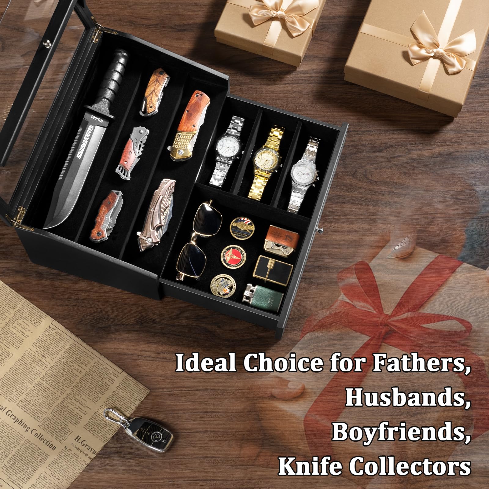 Coffret Poignard Bois, 2 Étages 3 Rangées Boîte Présentation Poignard avec Tiroir et Couvercle Transparent, Doublure Velours, Présentoir à Couteaux pour Collection, Cadeau (Noir)