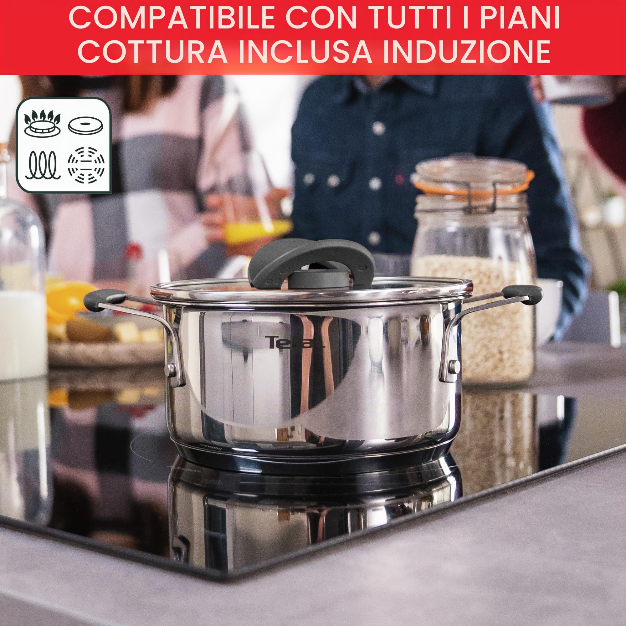 Tefal G7376S Opti'Space - Set di 6 pentole | Casseruola 16 cm (con coperchio) | Pentole 20/24 cm (con coperchio) | Acciaio inossidabile | Fondo termofusione | per tutti i piani cottura | Induzione |
