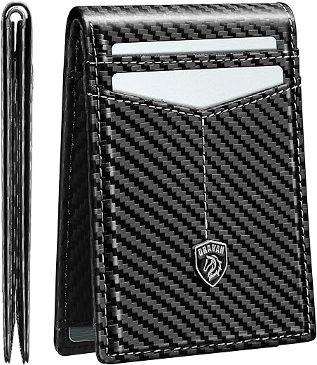DRAVAN Minimalist Wallet for Men Slim Rfid Blocking Credit Card Holder Front Pocket Mens Wallet with 11 Slots Carbon Fiber Thin Money Clip with Gift Box, Carbon Black
