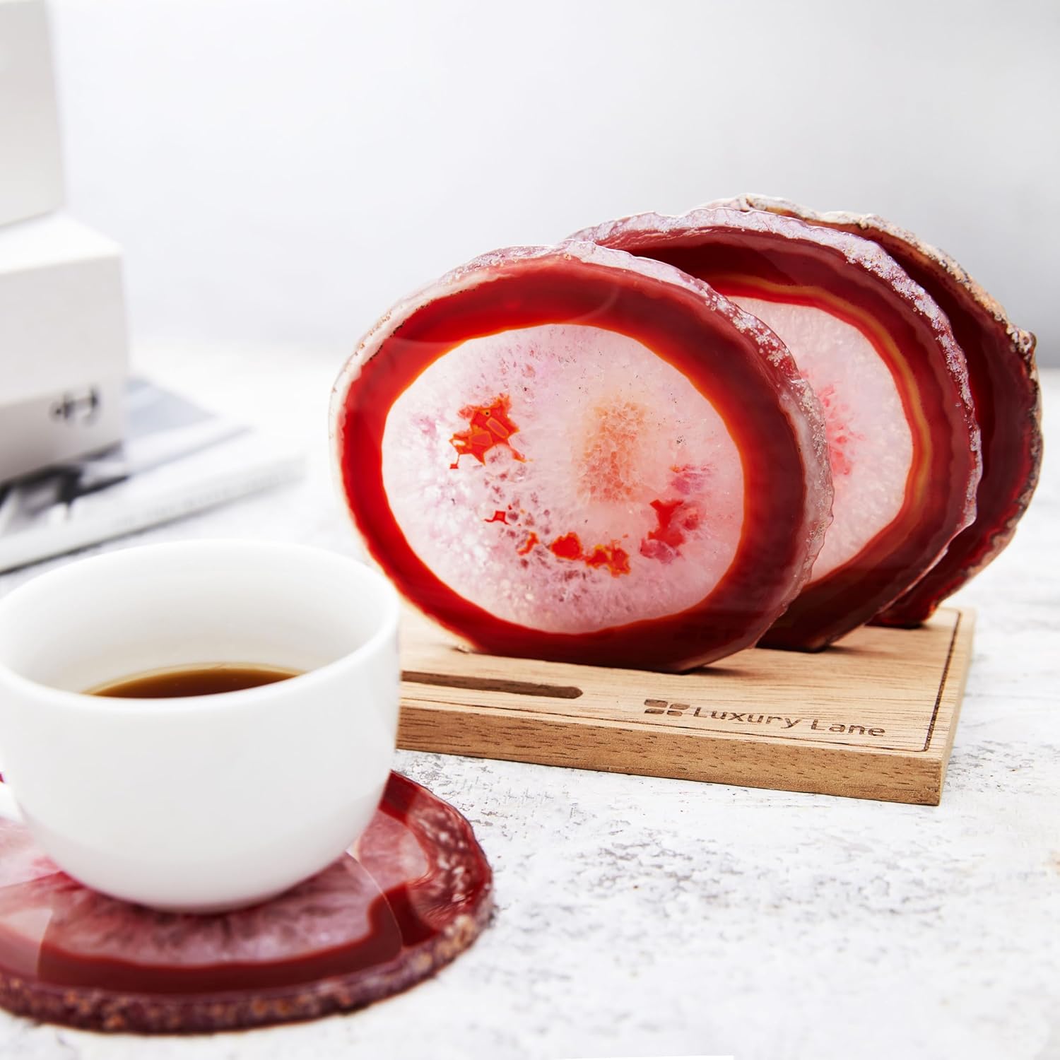 Luxury Lane Set of 4 Large Natural Brazilian Agate Slice Geode Rock Stone Drink Coasters with Wood Holder 4.3-4.7 inch Centerpiece Table Decoration, Red
