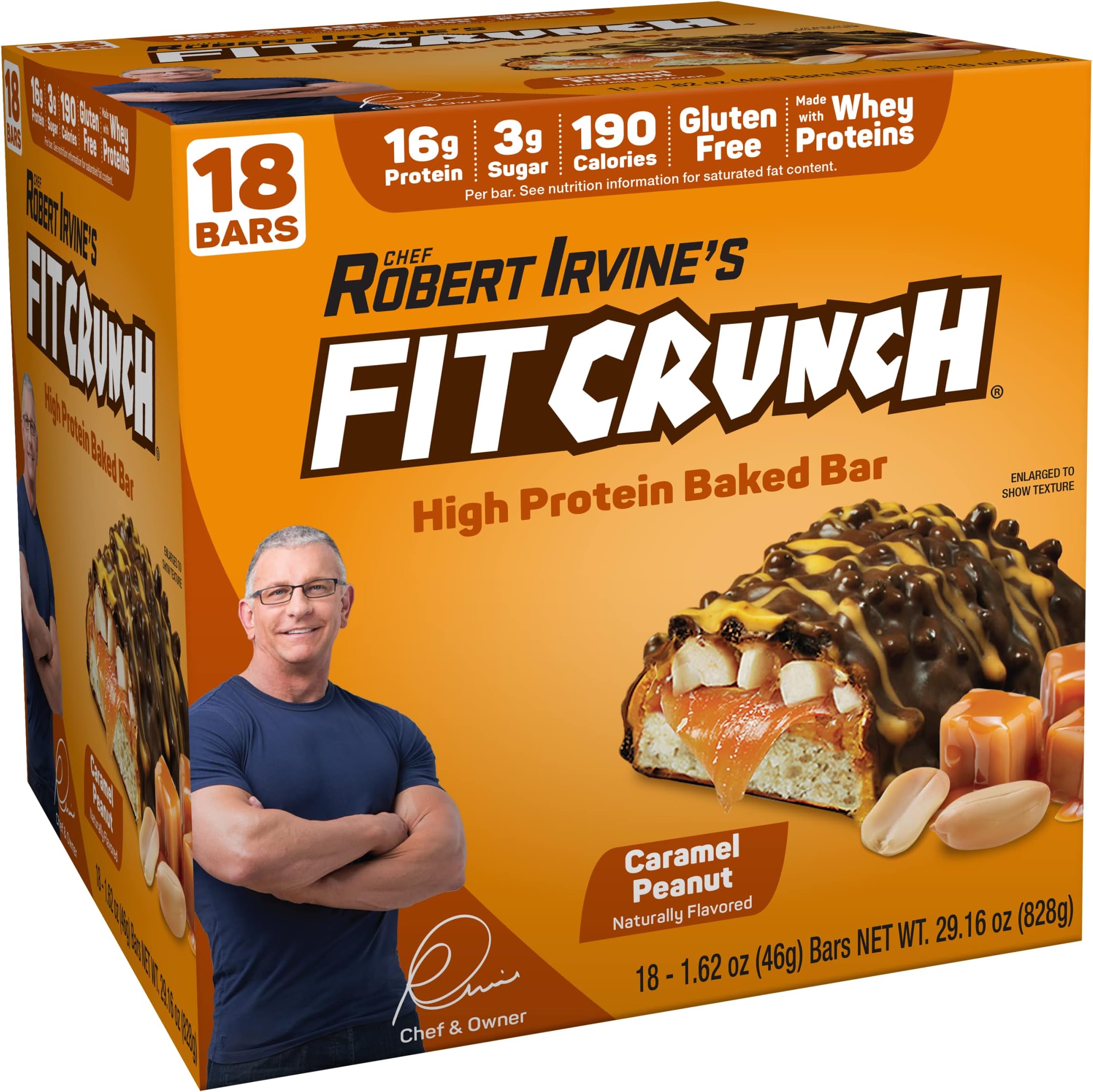 FITCRUNCH Snack Size Protein Bars, 6-Layer Baked Bar, 3g of Sugar & Soft Cake Core (18 Bars, Caramel Peanut)