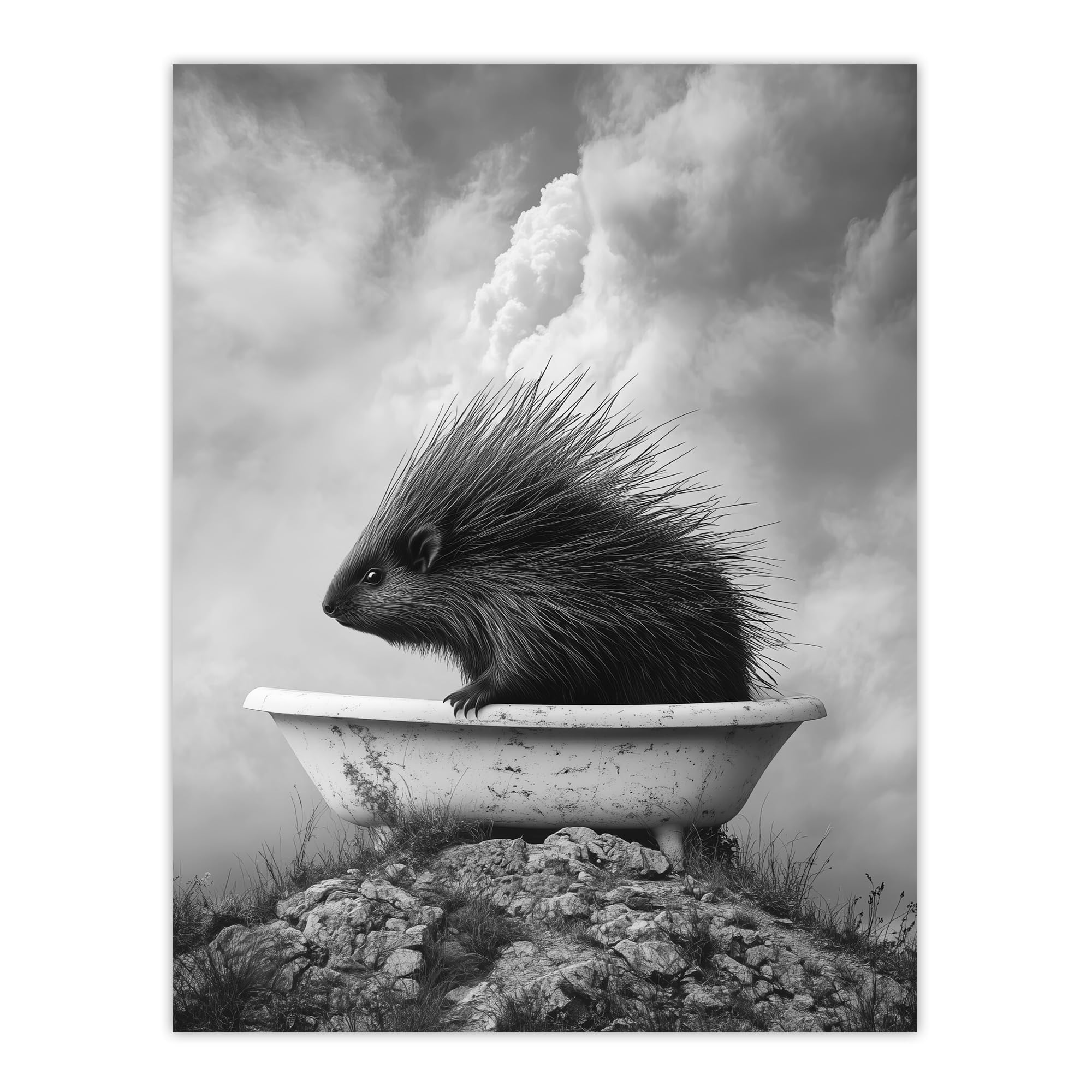 Artery8 Cute Porcupine in Bathtub Black White Surreal Bathroom Toilet Extra Large XL Wall Art Poster Print