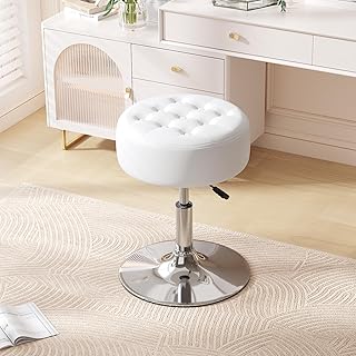 Furniliving Mid-Century Tufted Adjustable Swivel Makeup Ottoman Stool; Modern Big Size Round Vanity Stool Chair for Bedroom Living Room (White)