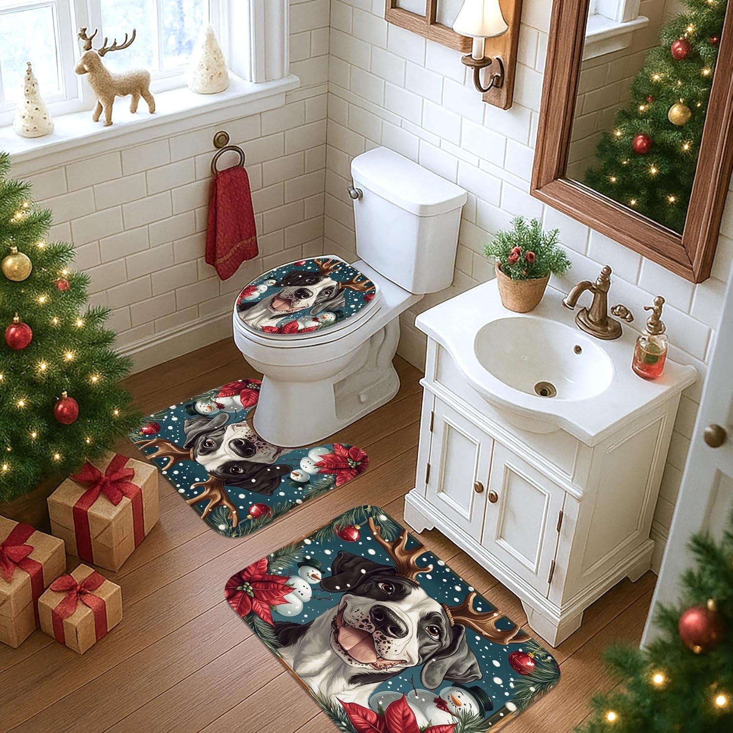 4PCS Winter Christmas Great Dane Dog Bathroom Sets, Bath with Non-Slip Rug, U Shape Toilet Lid Cover Mat, Snowman Xmas Puppy Pet Bathroom Decor-72''x72''