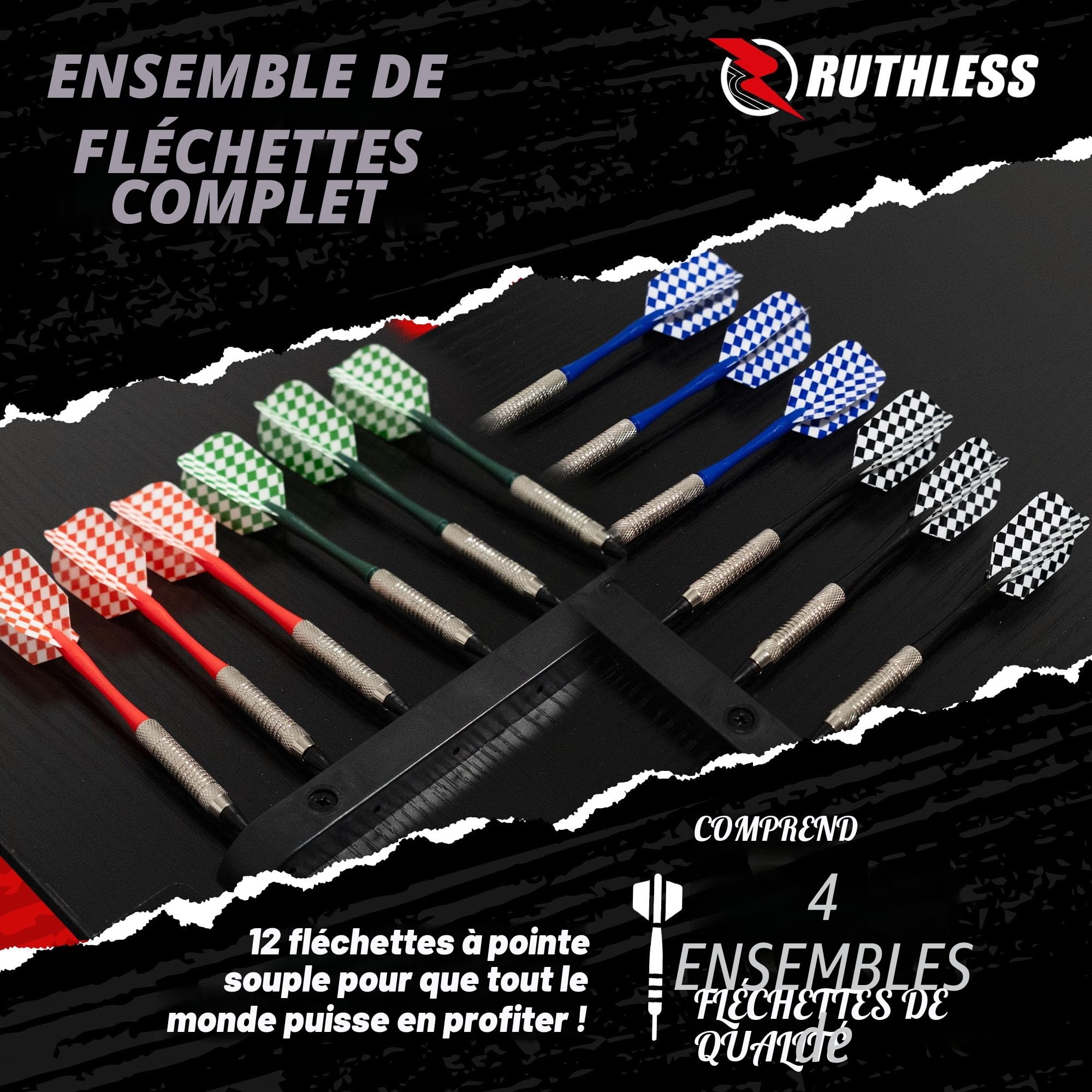 Ruthless - Ruthless R500 Tableau de fléchettes électronique dans le meuble – pointe souple – 4 sets de fléchettes inclus – 8 joueurs – 27 jeux