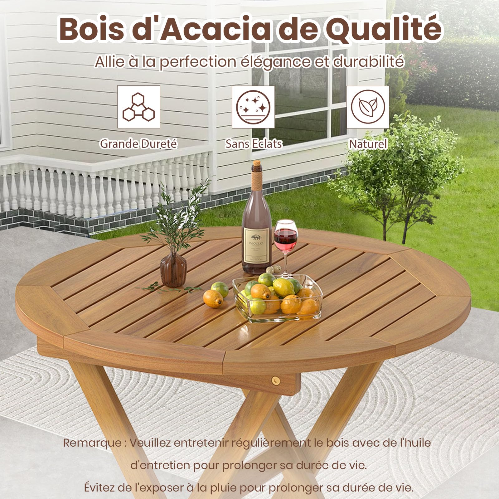GOPLUS Table Pliante Exterieur Bois d'Acacia Ronde Balcon Pliable Plateau à Lattes 80 kg 67 x 69,5 cm