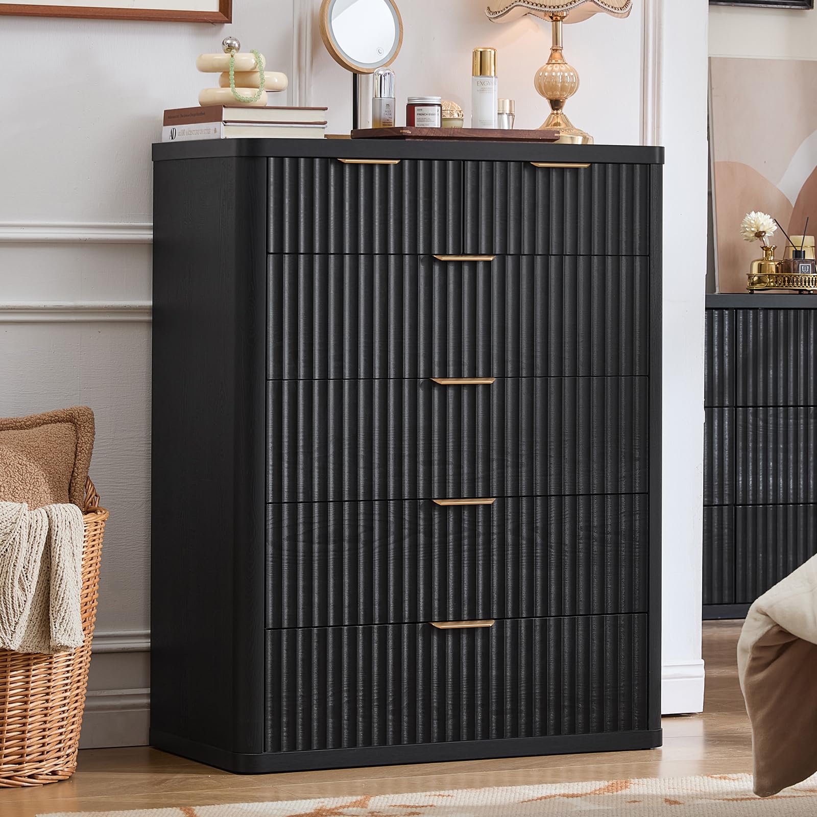 LEYAOYAO Fluted 6 Drawers Dresser for Bedroom, 42" Tall Modern Chest of Drawers with Metal Handle, Curved Profile Design,Black Wood Drawer Organizer for Bedroom, Living Room, Hallway, Entryway