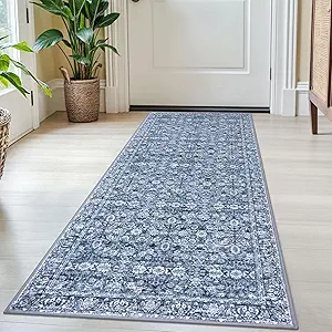 2x5 Washable Small Area Rug for Entryway, Blue Soft Non-Slip Indoor Door Mat Distressed Floral Low-Pile Rus Neutral Vintage Carpet for Entrance Kitchen Bedside Farmhouse