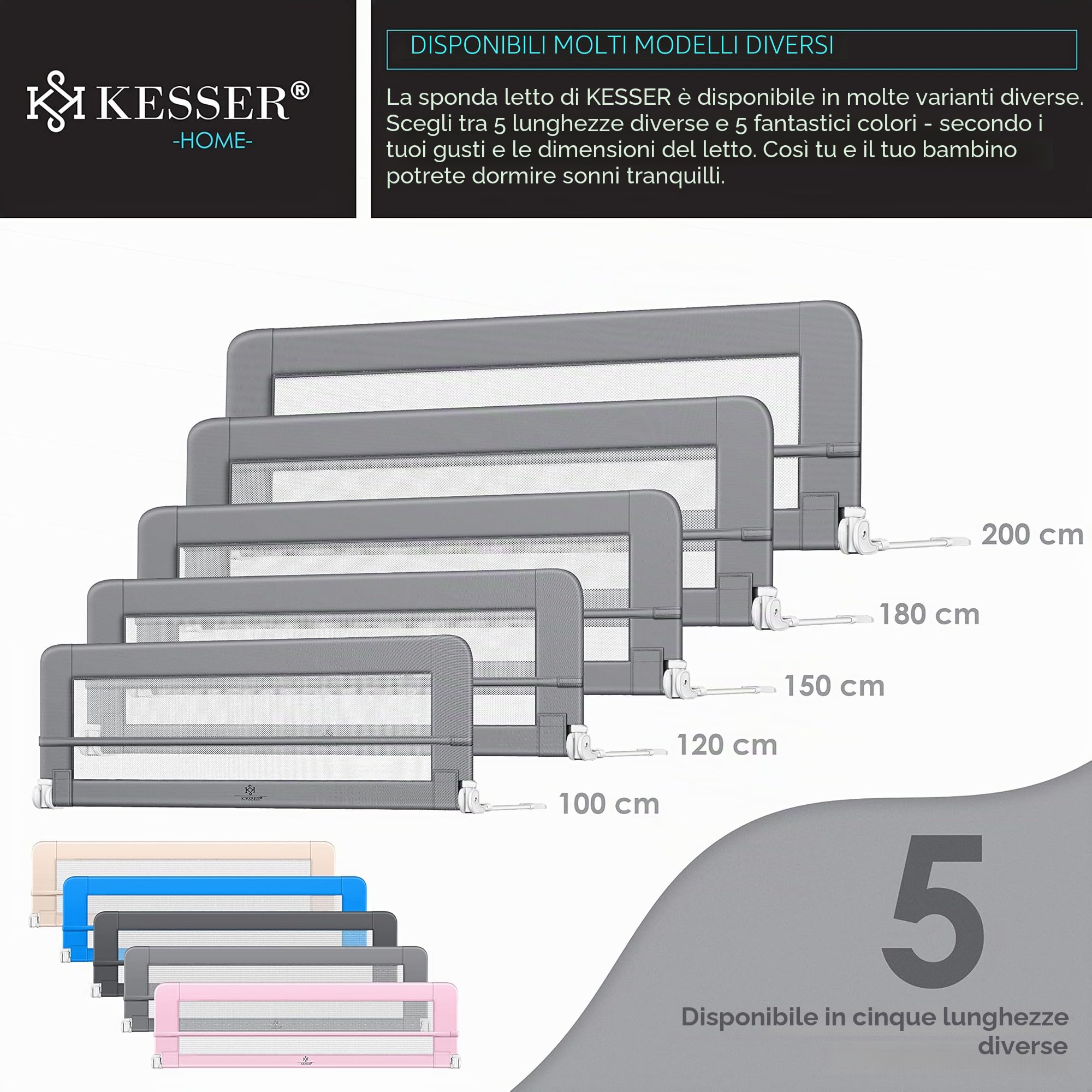 KESSER® Sponda da letto Protezione per letto Sponda da letto bambini Sponda da culla Barriera letto per bambini, Grigio chiaro - 180cm