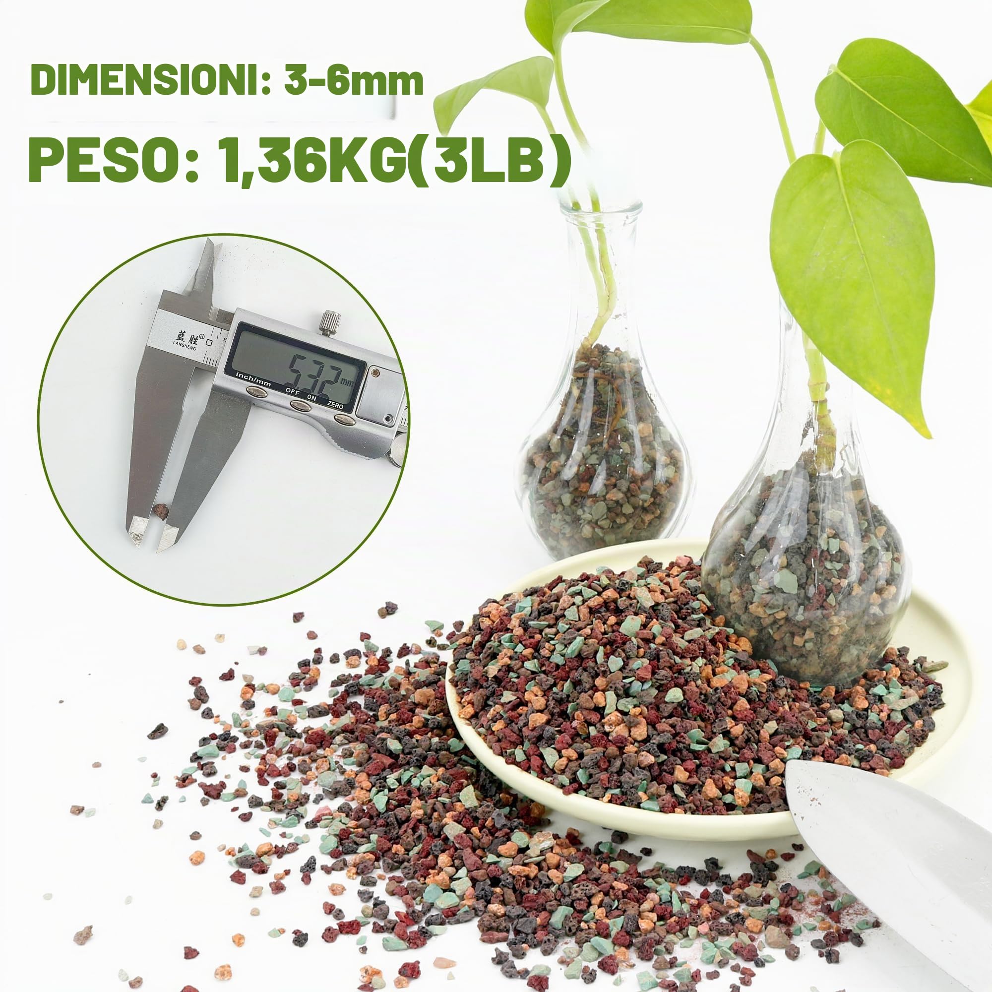 Miscela di Sassi Vulcanici 1.4 kg (3 lb) - Pietre per Piante in Vaso 4 in 1 (Lava Rossa, Lava Nera, Zeolite Verde, Maifan) 3-6mm - Sassolini Decorativi per Vasi, Orchidee, Bonsai, Giardino