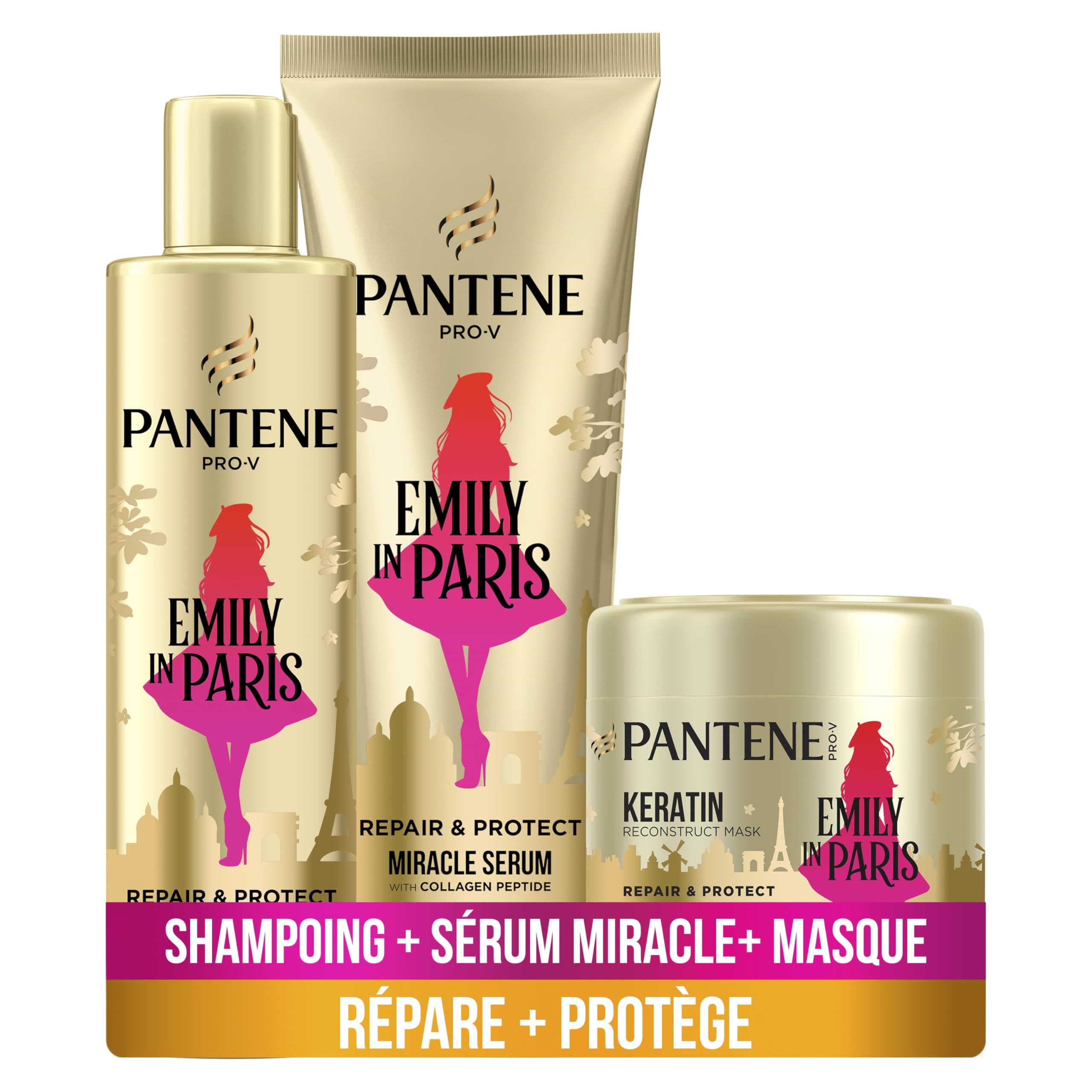 Pantene x Emily in Paris Édition Limitée Shampoing Sérum 250ml + Après-Shampoing Sérum 220ml + Masque Capillaire 300ml, Réparation en 1 Utilisation