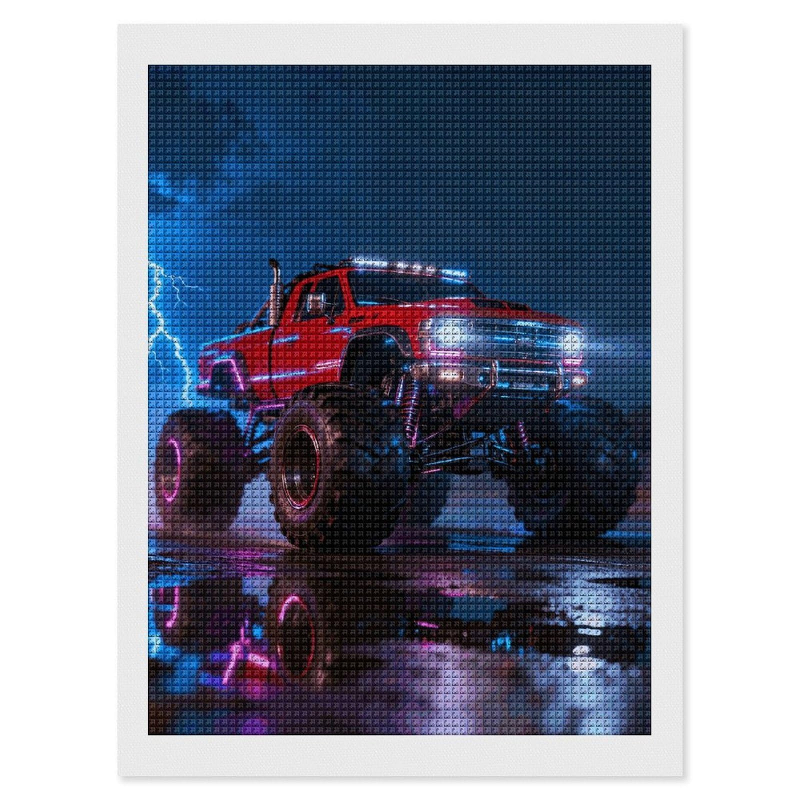 Monster Red Truck Lightning Roar Diamond Painting Kits for Adults Beginners 12x16 Full Drill Diamond Art with DIY Tools Square 5D Diamonds Dots Crafts Gem Art Paint by Diamonds for Home Wall Decor R