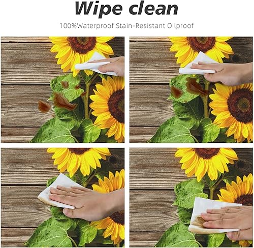 Miniatura 7 de Famame Mantel redondo ajustable con protector elástico, mantel de madera con diseño de girasol para cocina, cena, impermeable, a prueba de aceite,