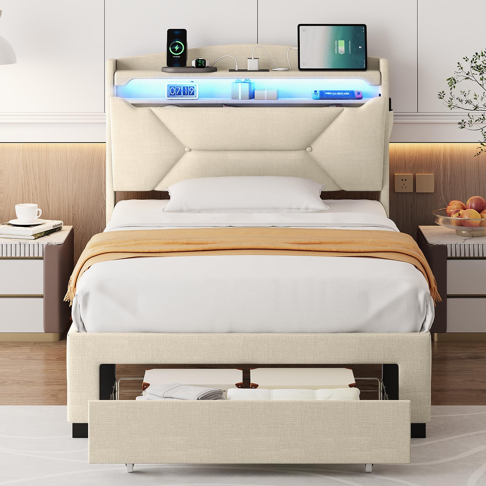 VINTLJUS Twin Bed Frame, Twin Bed Frames with Storage Headboard, Upholstered Twin Size Bed Frame with Drawers, Charging Station and LED Lights, Easy