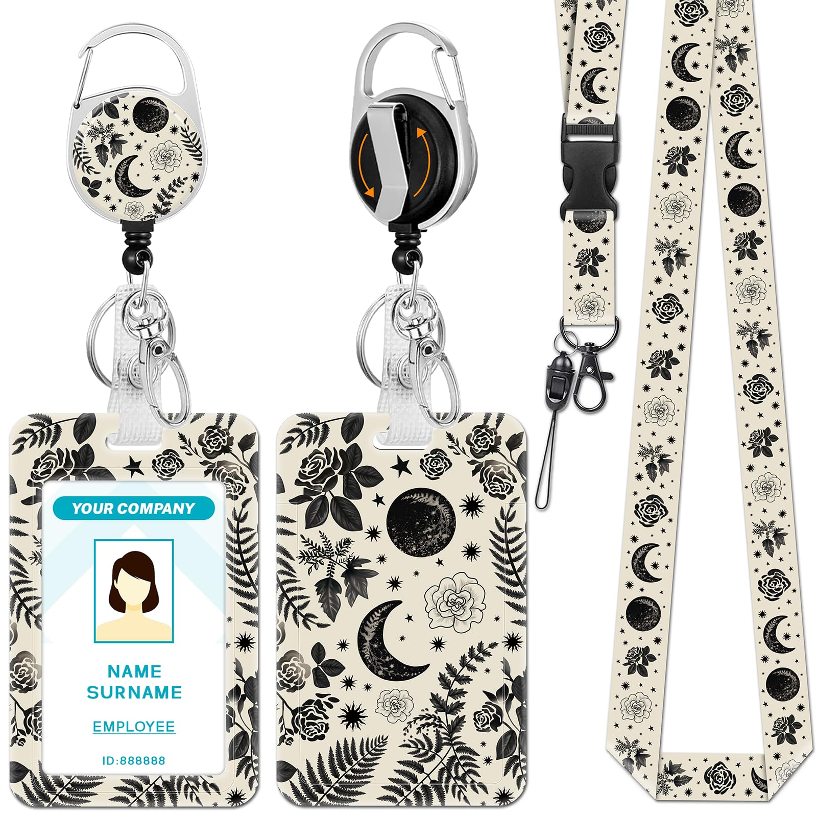 Hancynir Goth Moon Floral Lanyards for Id Badges with Retractable Reel Clip