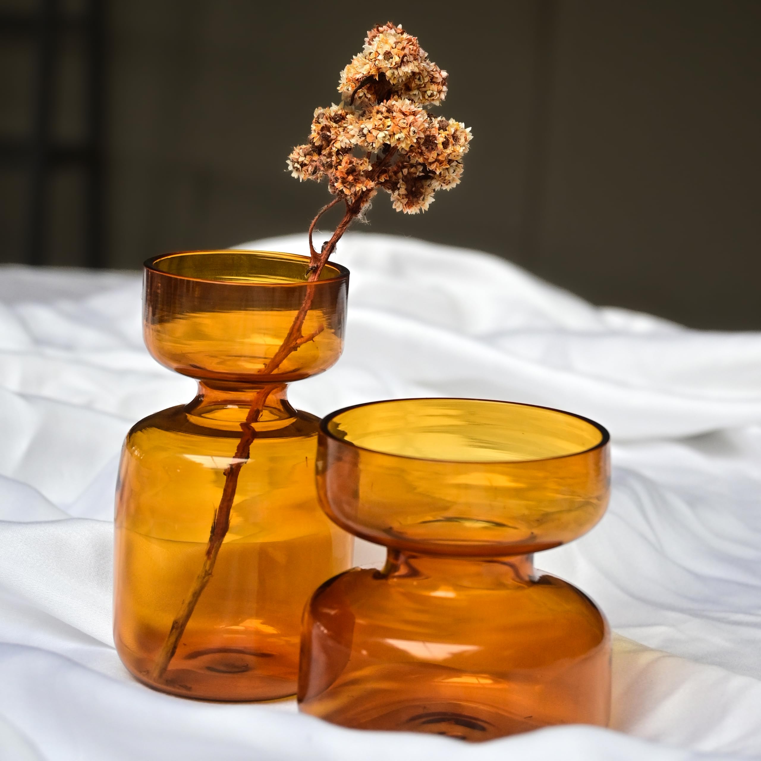 Amber Mini Glass Bud Vase Set with Dried Flowers for Home Decor & Gifting, Set of 2 Decorative Flower Vases for Table Decor, Modern Minimalist Aesthetic-image-47