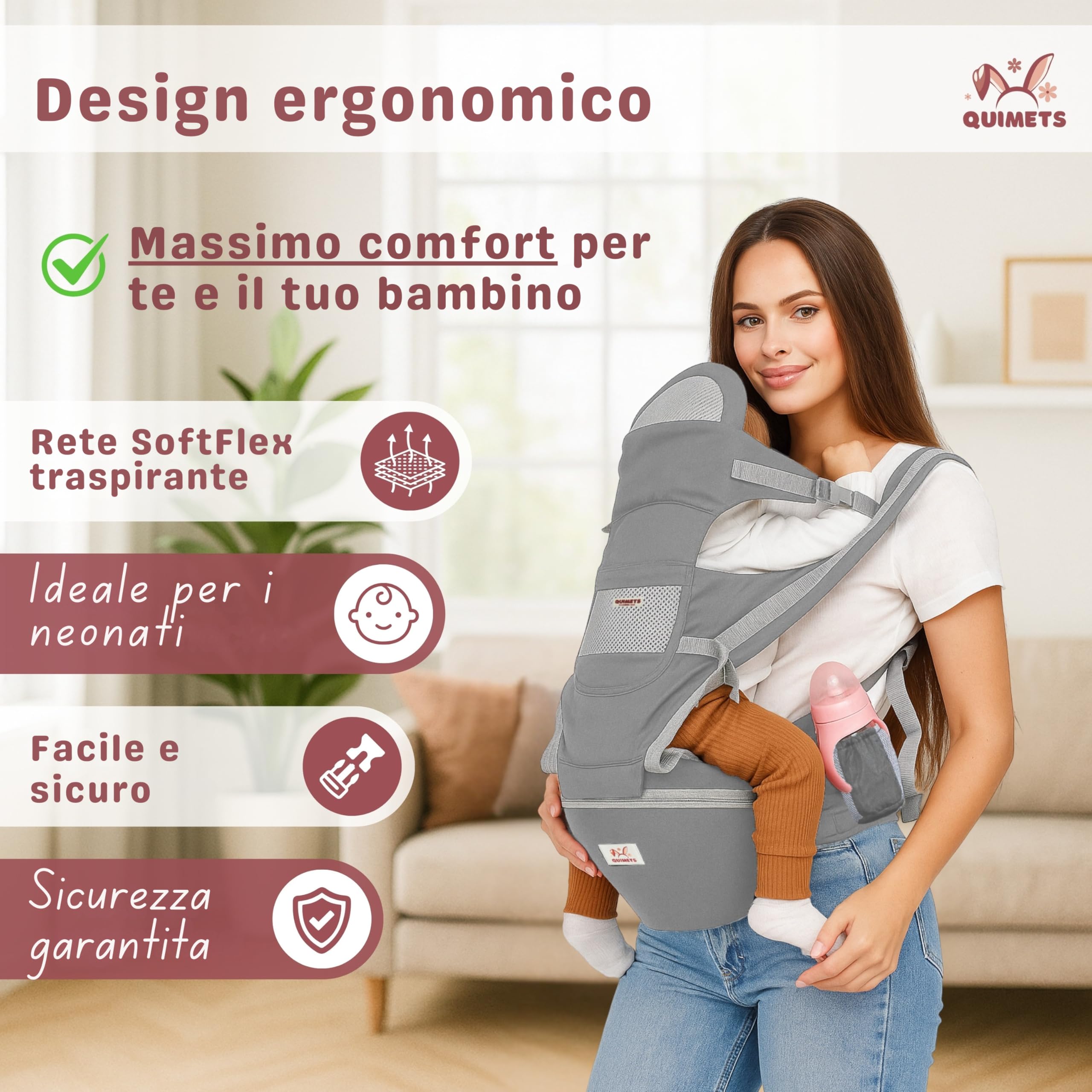 Marsupio neonato 0-36 mesi ergonomico 6 in 1 – Zaino porta bambino regolabile con seduta removibile, supporto lombare, tessuto traspirante e mussola in omaggio
