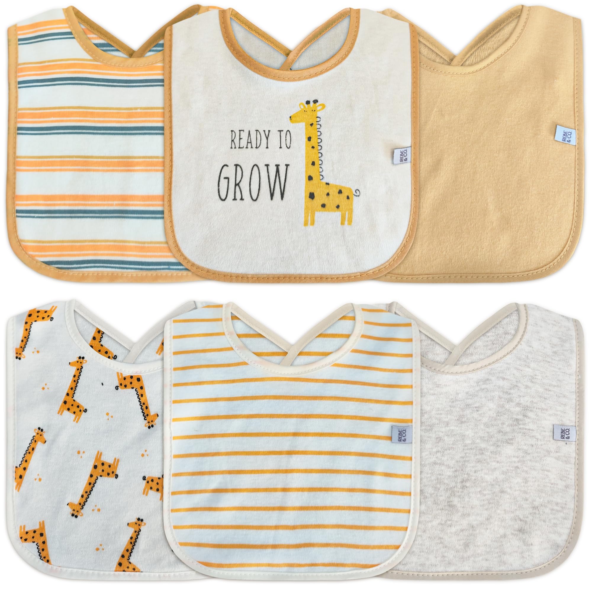 REBE & CO 6 Pack Waterproof Cotton Baby Bibs for Girls Boys for Drooling Eating with Snaps, Teething Bibs, Feeding Bibs, Newborn Baby Shower (Giraffe)