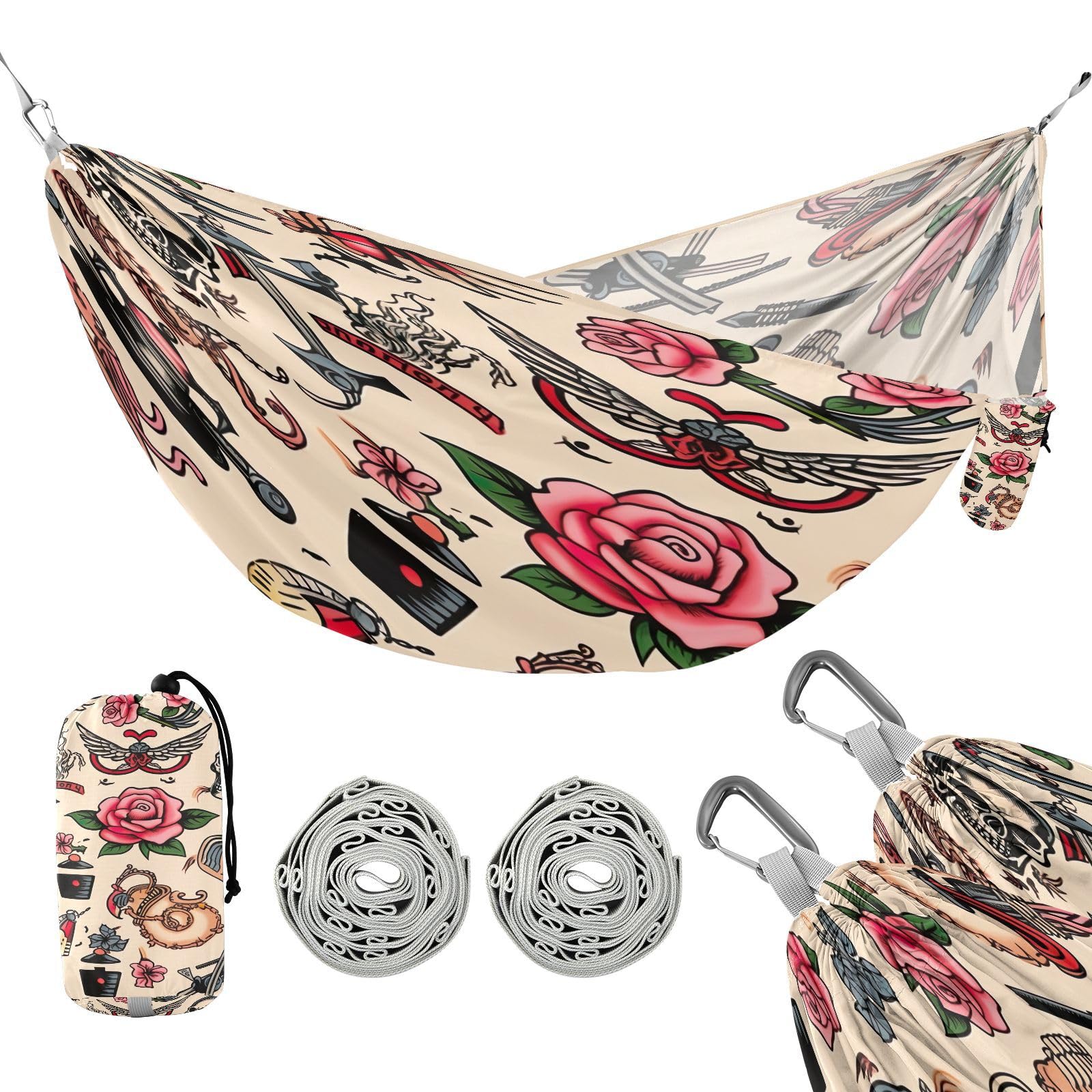 Haskirky Tattoo Print Camping Hammock, Single Portable Hammocks with Tree Straps & Attached Carry Bag, 330Lbs Capacity Perfect for Outside Indoor Hiking Beach Backpack Travel